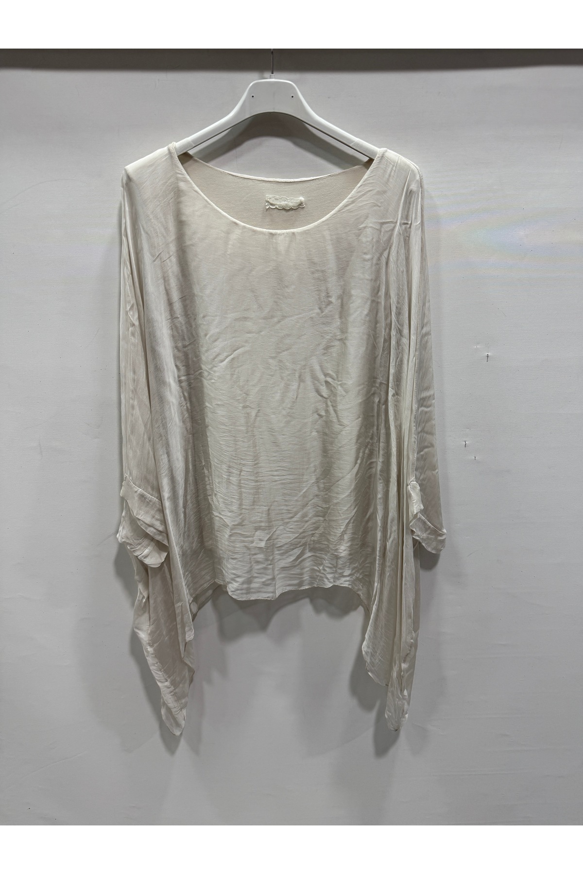 Beige Italian Bat Sleeve Asymmetrical Cut Lined Loose Silk Blouse