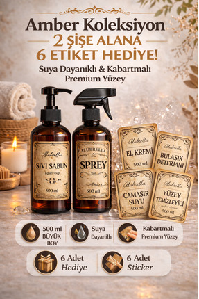 Alubrella Plastik Amber Şişe 500 ml x2 ve 6'lı etiketleri