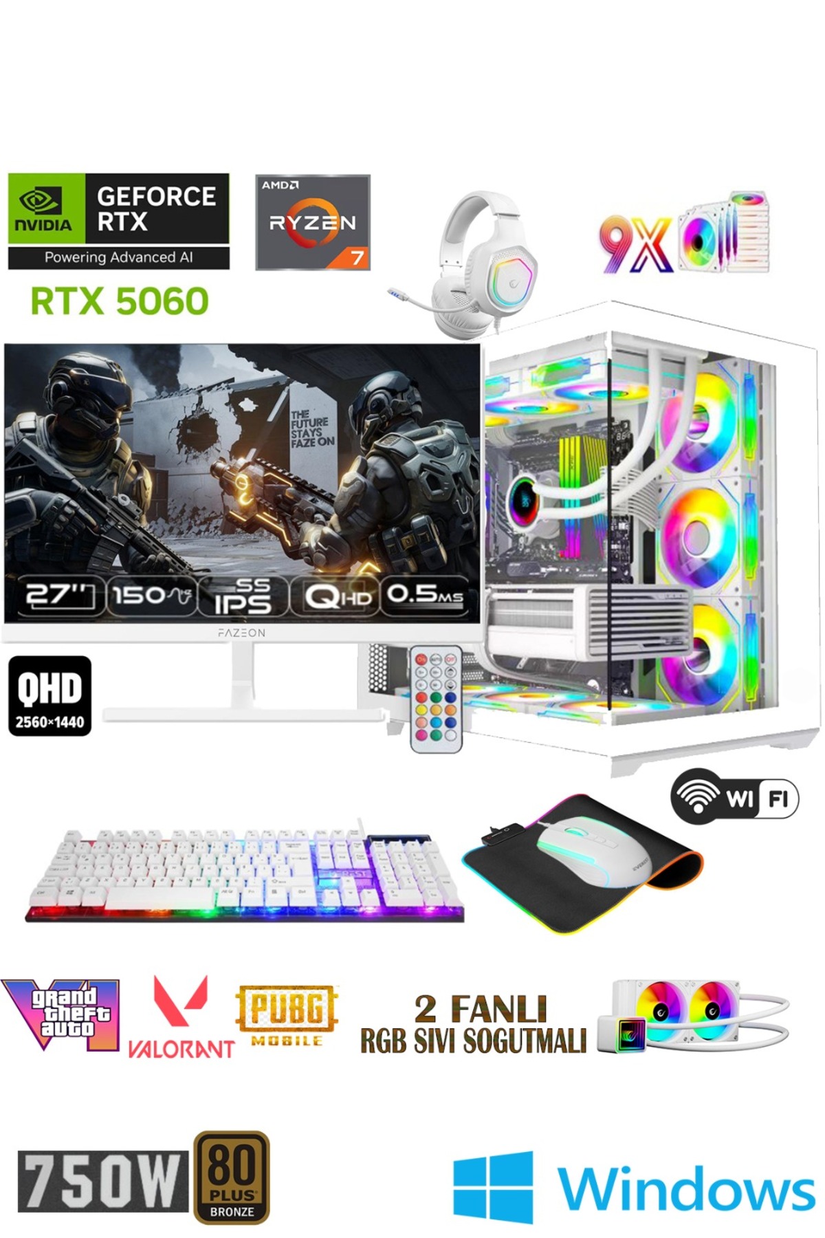 Apphirex Full White X75 Ryzen 7 5700X 32GB 1TB M2 SSD RTX5060 27' 150Hz QHD Sıvı Soğutma Masaüstü Oyuncu Bilg