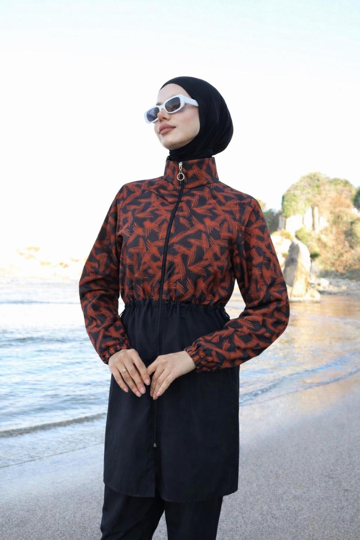 Full Closed Pattern Hijab Modest Swimsuit 3-Piece Set Parachute Fabric