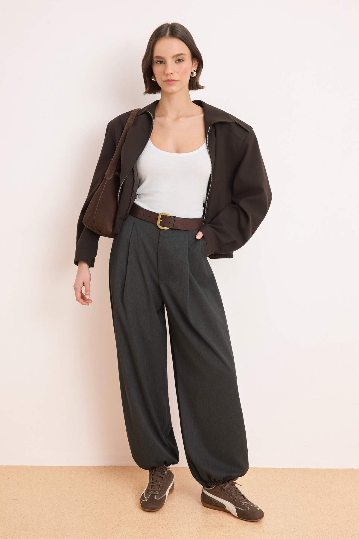 Trendyolmilla  Antrasit Yüksek Bel Dokuma Şalvar Pantolon TWOAW26PL00169 - Görsel 2