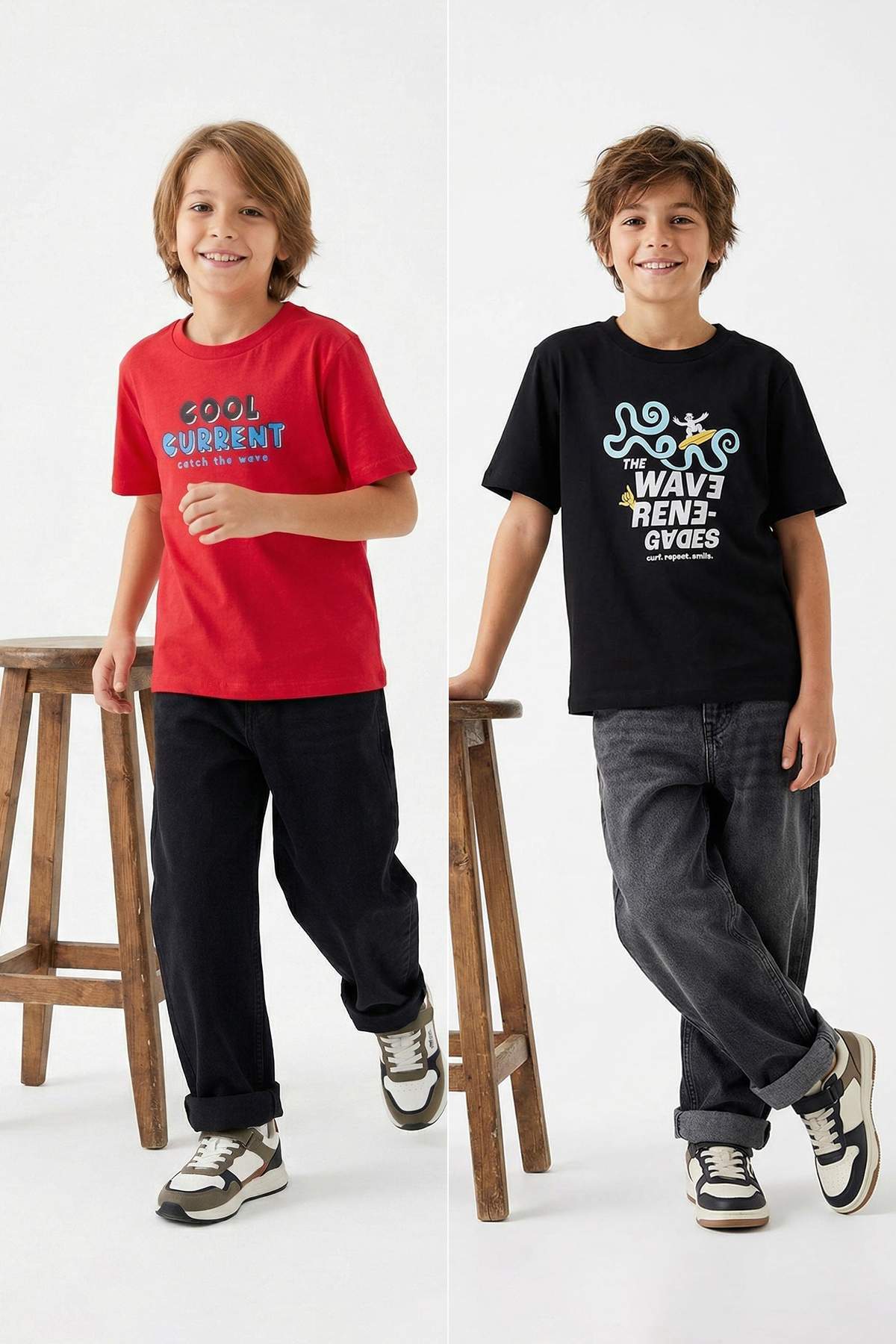 Trendyolmilla Kids Siyah-Kırmızı 2'li Baskılı Erkek Çocuk Düz 23 Nisan Örme T-Shirt TKDSS26TS00011