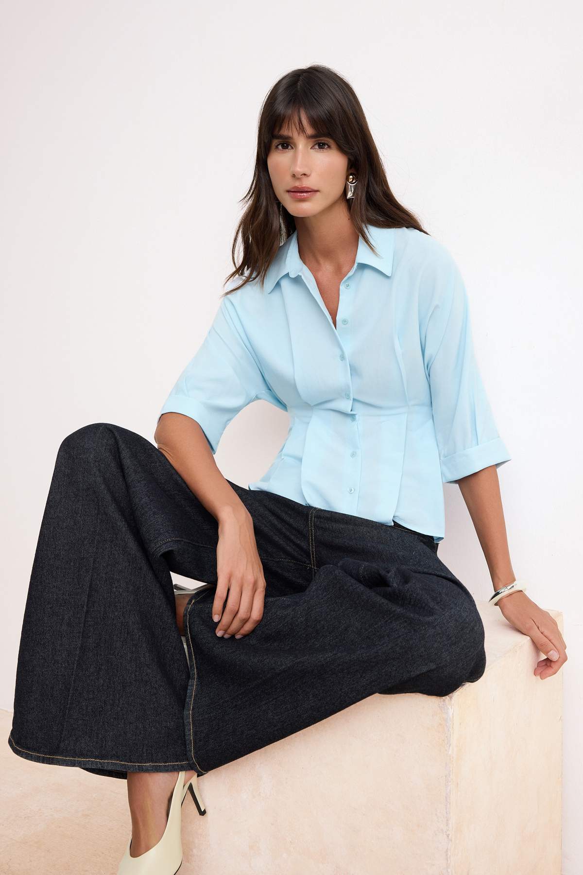 Trendyolmilla  Açık Mavi Yumuşak Tuşeli Pileli Gömlek TWOSS26GO00051