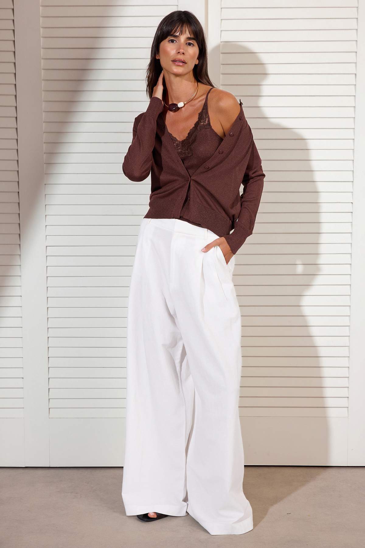 Trendyolmilla  Kahverengi 2'li Yazlık Özel İplik Dantel Detaylı Triko Bluz-Hırka TWOSS26HI00016 - Görsel 2