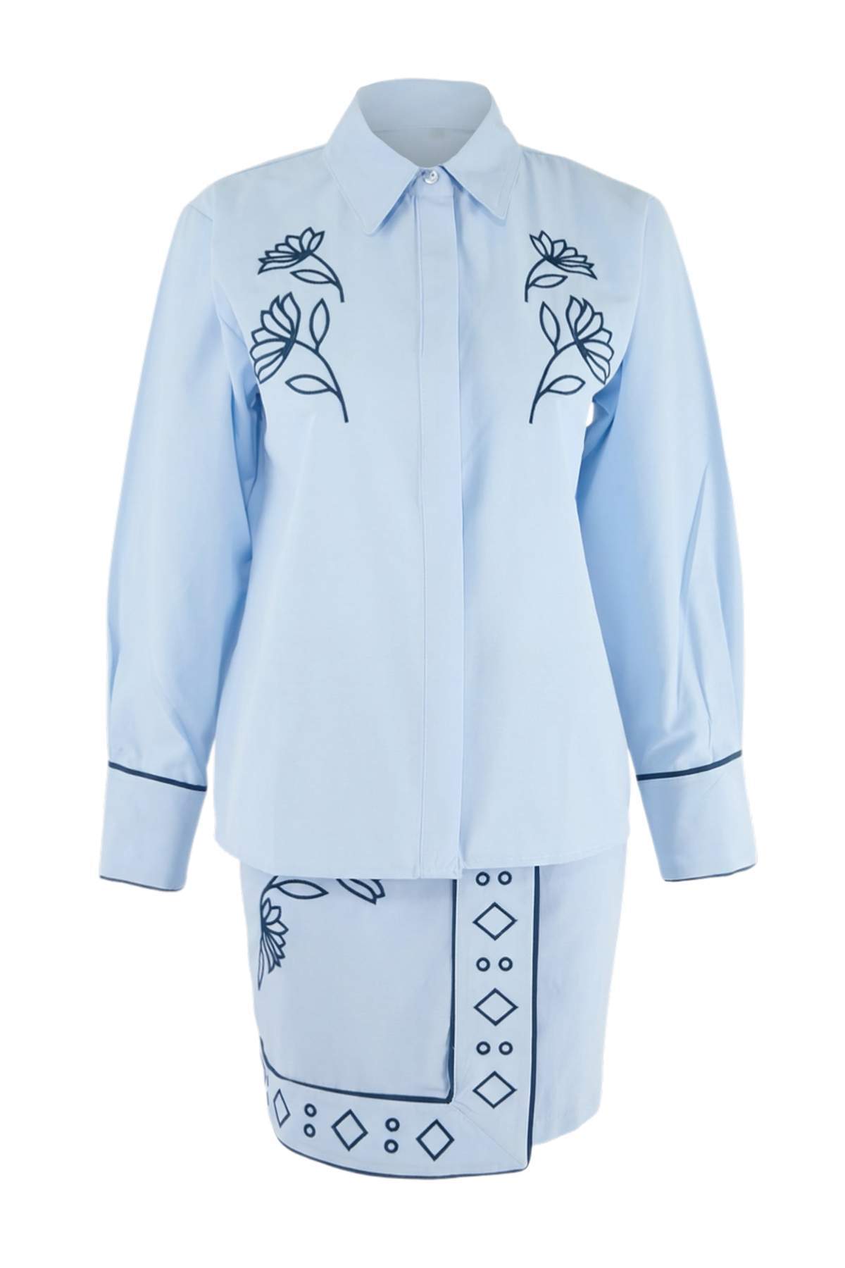 Trendyolmilla  Mavi Nakış Detaylı Gömlek Kruvaze Etek Dokuma Alt - Üst Takım TWOSS26AU00125 - Görsel 7