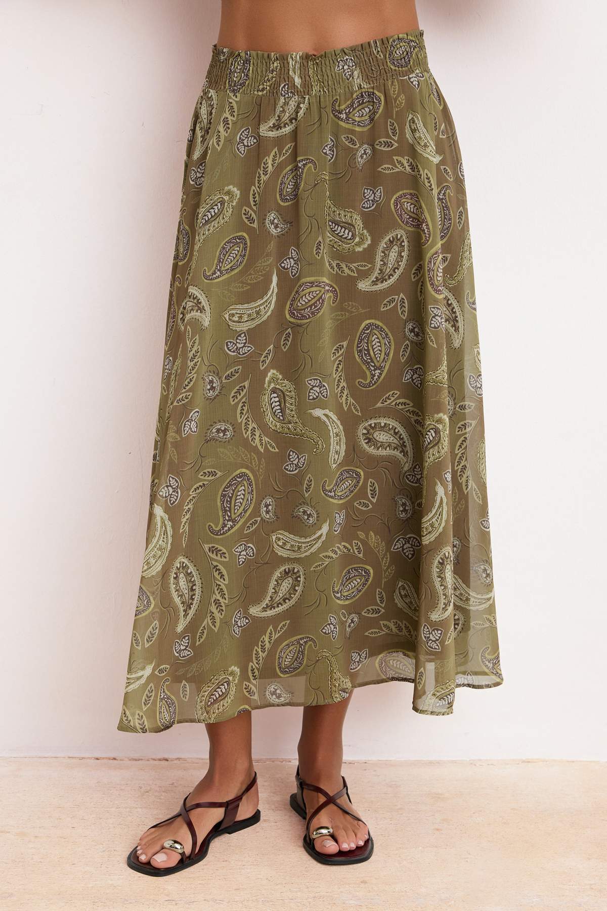 Trendyolmilla  Haki Renkli Şifon Etnik Desenli Astarlı Maxi Uzun Etek TWOSS26ET00050 - Görsel 3