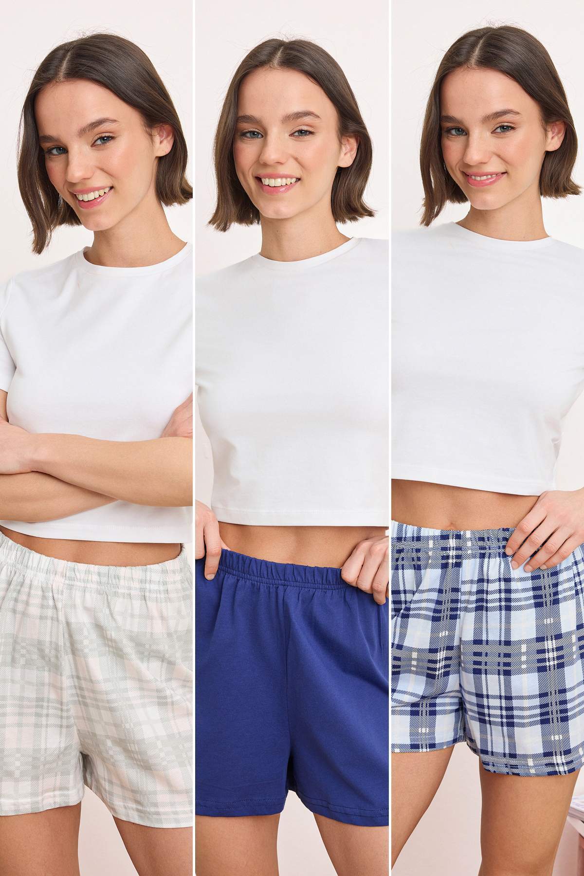 Trendyolmilla Lacivert %100 Pamuklu 3'lü Paket Ekoseli Örme Pijama Altı THMSS25PJ00016