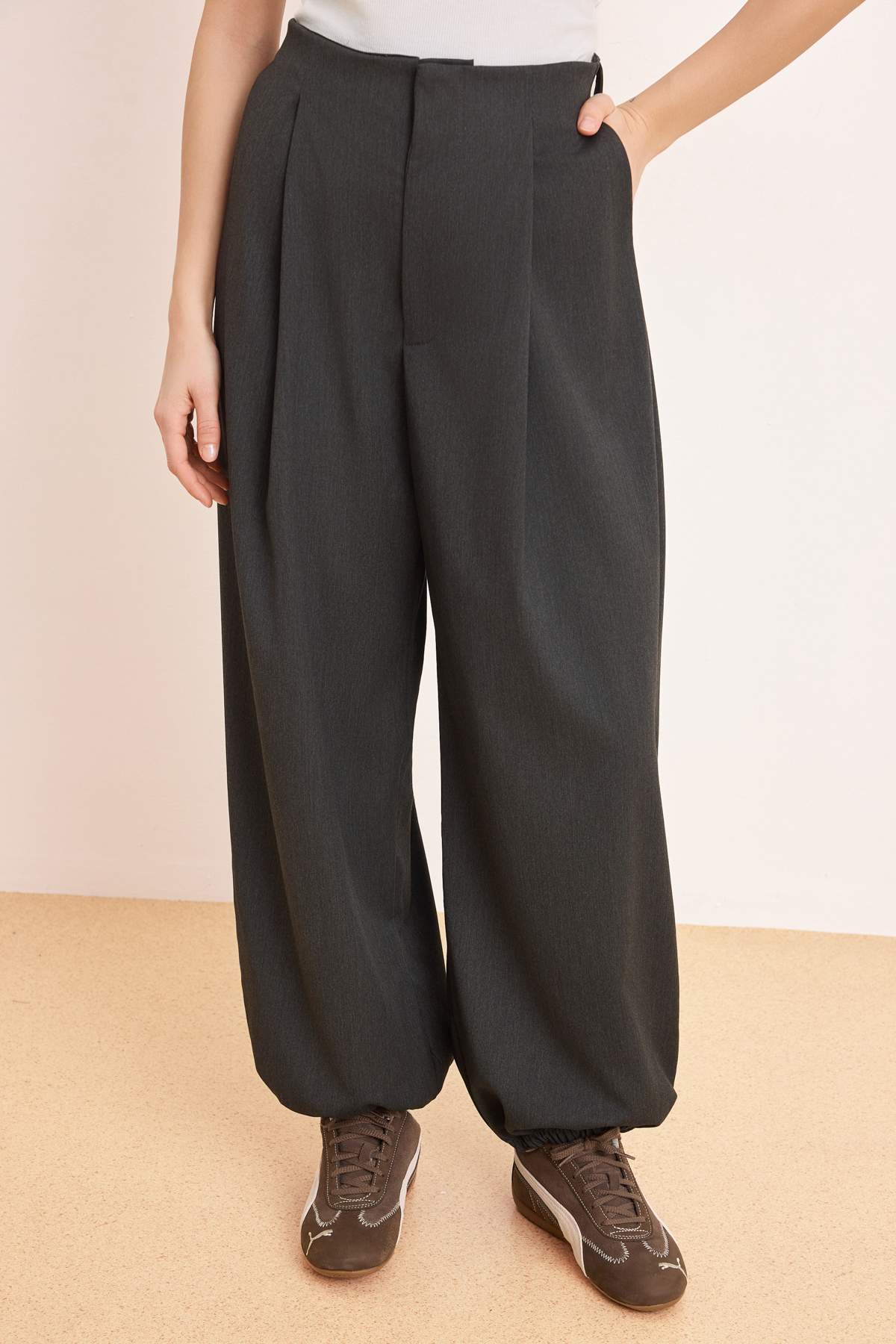 Trendyolmilla  Antrasit Yüksek Bel Dokuma Şalvar Pantolon TWOAW26PL00169 - Görsel 4