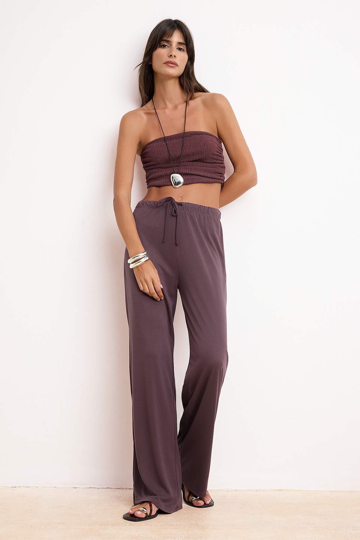 Trendyolmilla  More Sustaniable Mürdüm Yüksek Bel Geniş Paça Modal Esnek Örme Pantolon TWOSS26PL00067