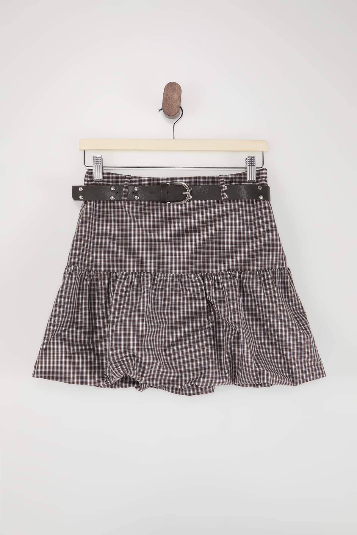 Trendyolmilla  Kahverengi-Çok Renkli Mini Ekoseli Kemerli Balon Etek TWOSS26ET00157 - Görsel 6