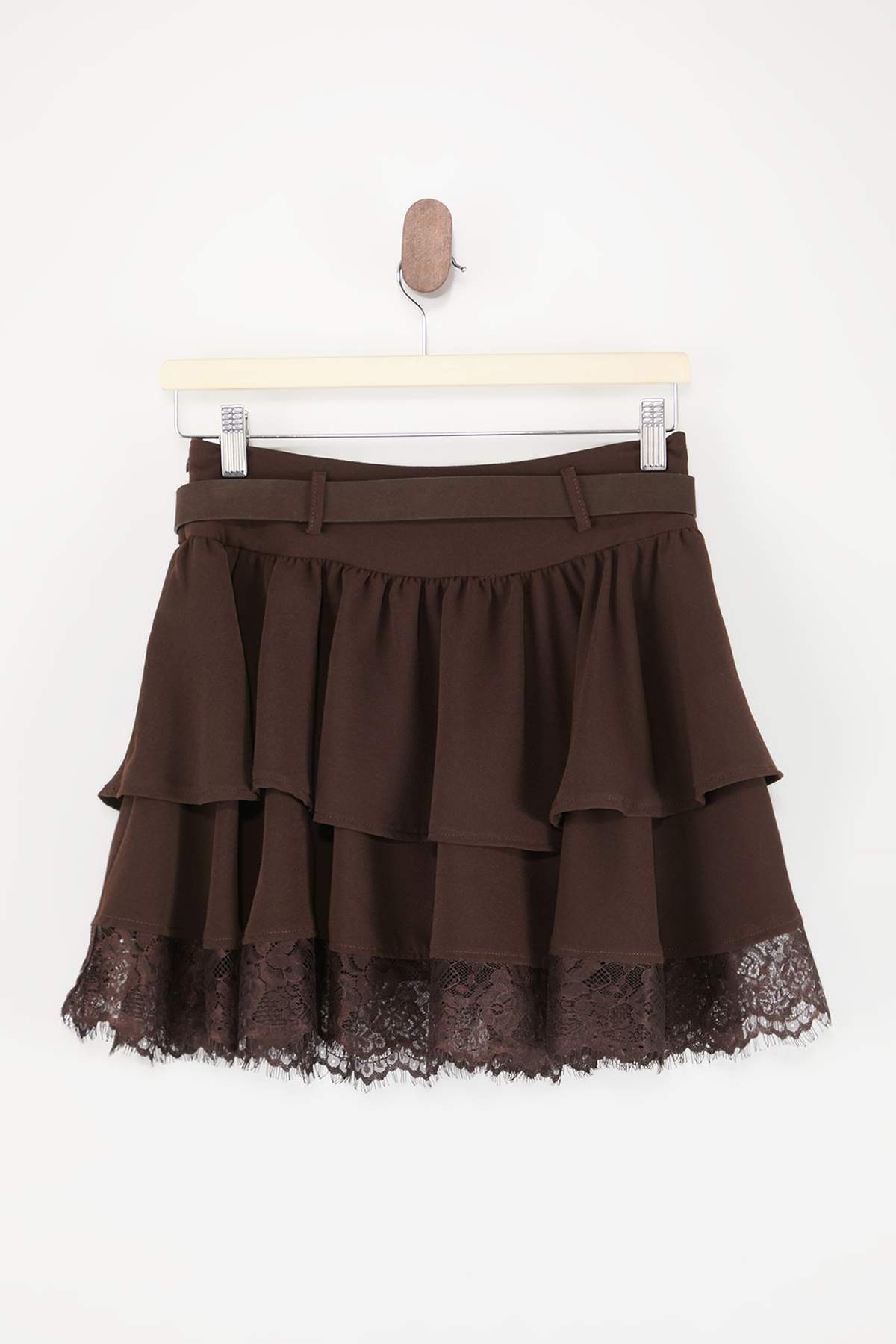Trendyolmilla  Kahverengi Kemerli Fırfırlı Dantel Detaylı Mini Etek TWOSS26ET00156 - Görsel 7
