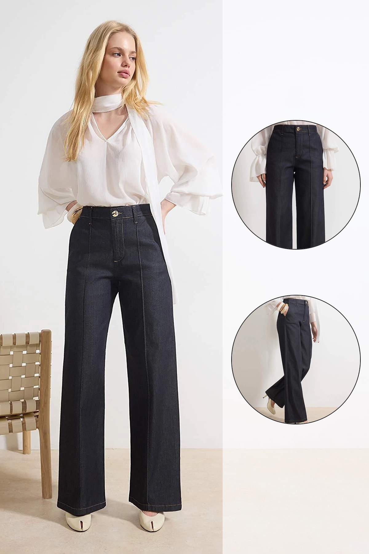Trendyol Collection Dark Blue Seam Detail High-Waisted Extra Stretchy Wide Leg Jeans TWOSS26JE00053