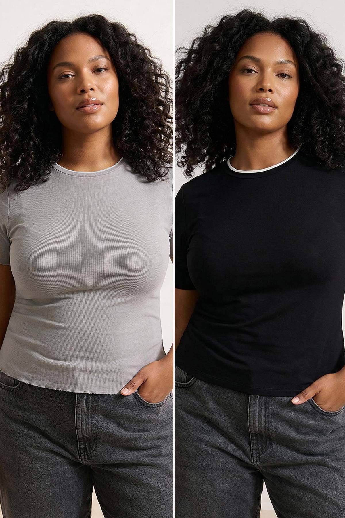 Trendyolmilla Curve Wardrobe Essentials Siyah-Gri 2'li Paket Yaka Detaylı Yumuşak Tuşeli Örme Bluz TBBSS26AF00029