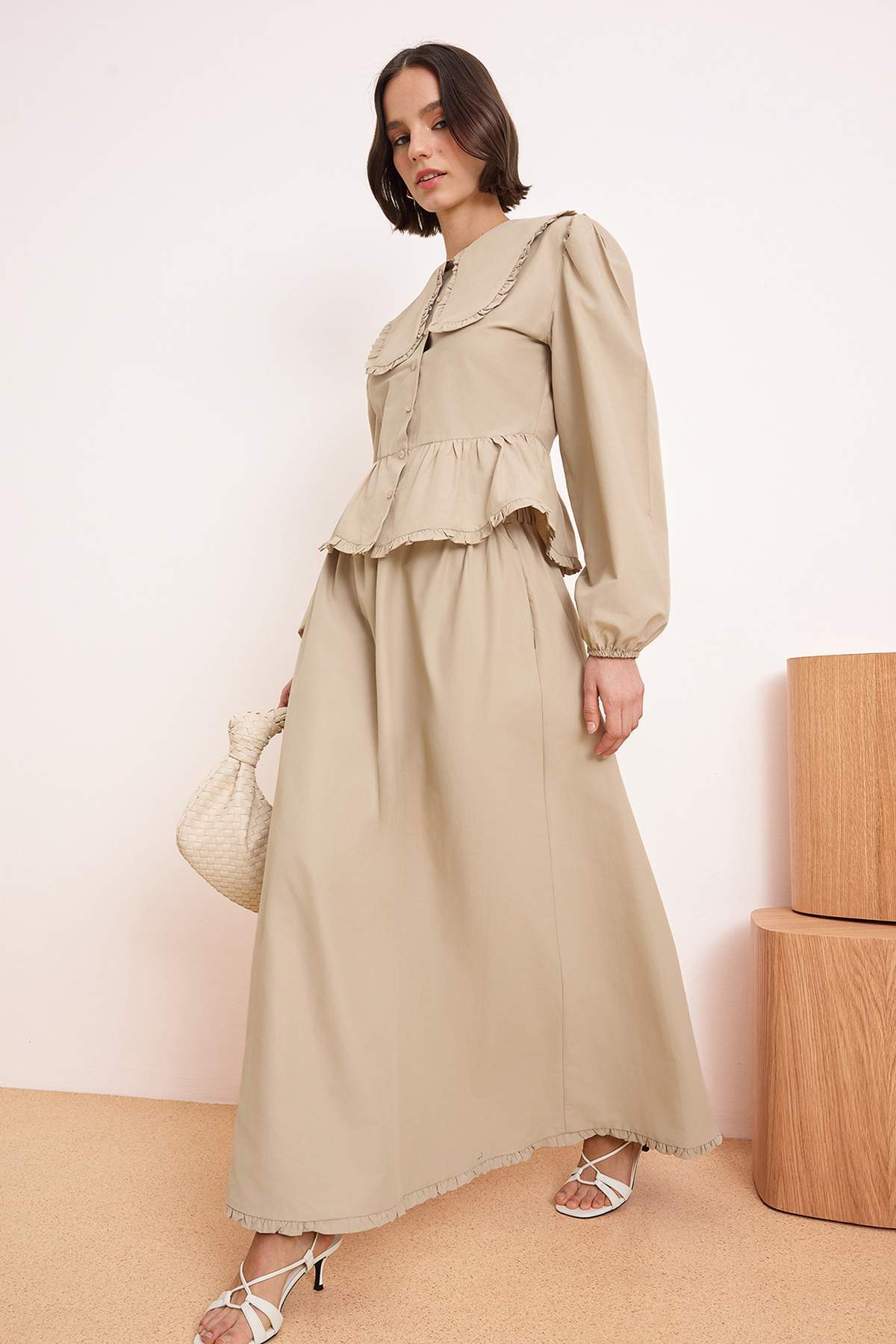 Trendyol Modest Beige Baby Collared Blouse Skirt Bottom - Top Set Tctss26Us00039
