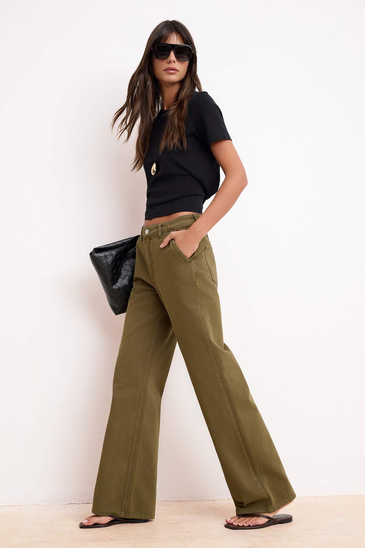 Trendyolmilla  Haki DÖKÜMLÜ Yüksek Bel %100 Pamuk Wide Leg Jeans TWOSS26JE00014 - Görsel 2