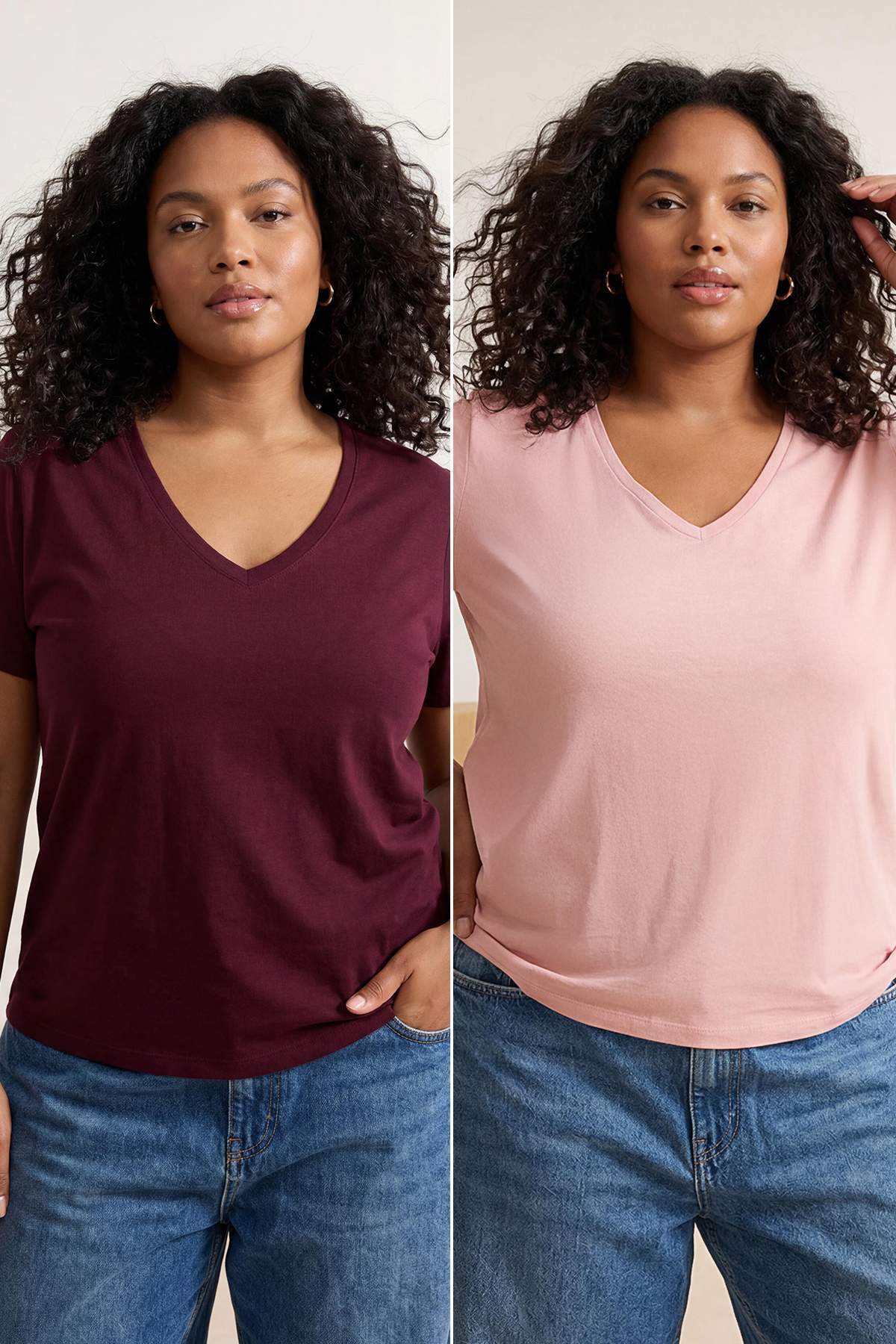 Trendyol Curve Burgunderrosa, 2er-Pack Basic-T-Shirt mit V-Ausschnitt, 100 % ...