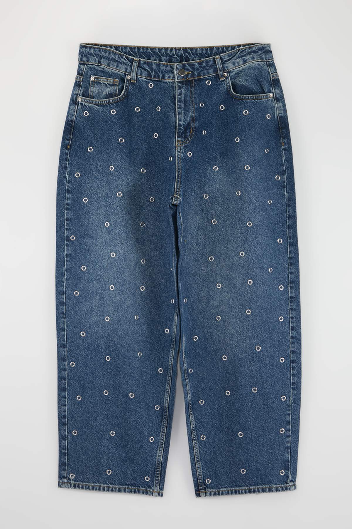 Trendyol Curve Blaue High-Waist-Jeans mit Vogelaugen-Detail, 100 % Baumwolle,...