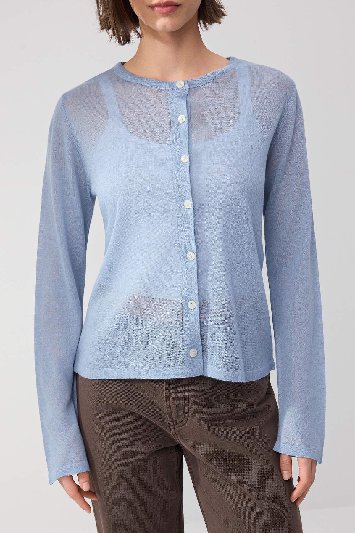 Trendyolmilla  Wardrobe Essentials Mavi Bisiklet Yaka Keten Karışımlı İnce Triko Hırka TWOSS26HI00009 - Görsel 3