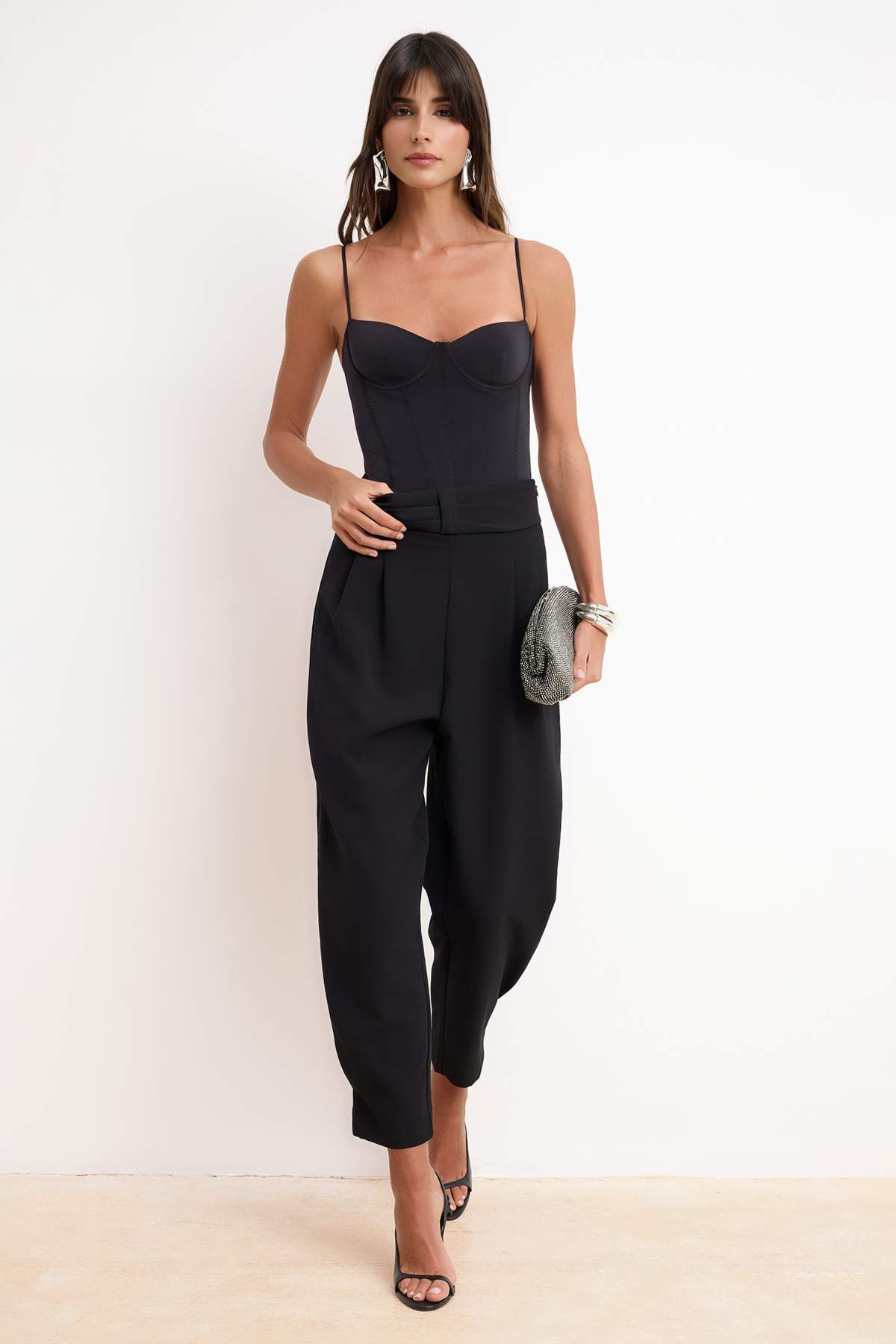 Trendyolmilla  Siyah Yüksek Bel Korsaj Detaylı Dokuma Şık Pantolon TPRSS26PL00004 - Görsel 2