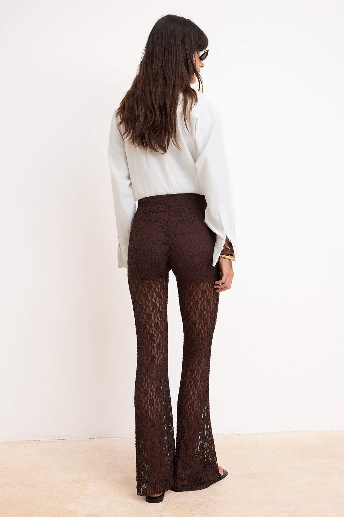Trendyolmilla  Kahverengi Flare/İspanyol Paça Yüksek Bel Uzun Dantel Örme Pantolon TWOSS26PL00063 - Görsel 4
