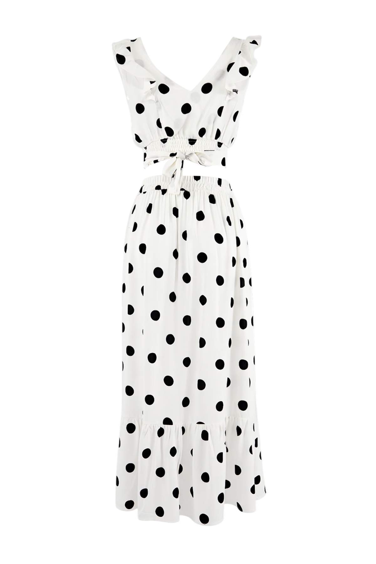 Trendyolmilla  Puantiyeli Dokuma Volanlı Plaj Bluz-Etek Takım TBESS19BB0102 - Görsel 5