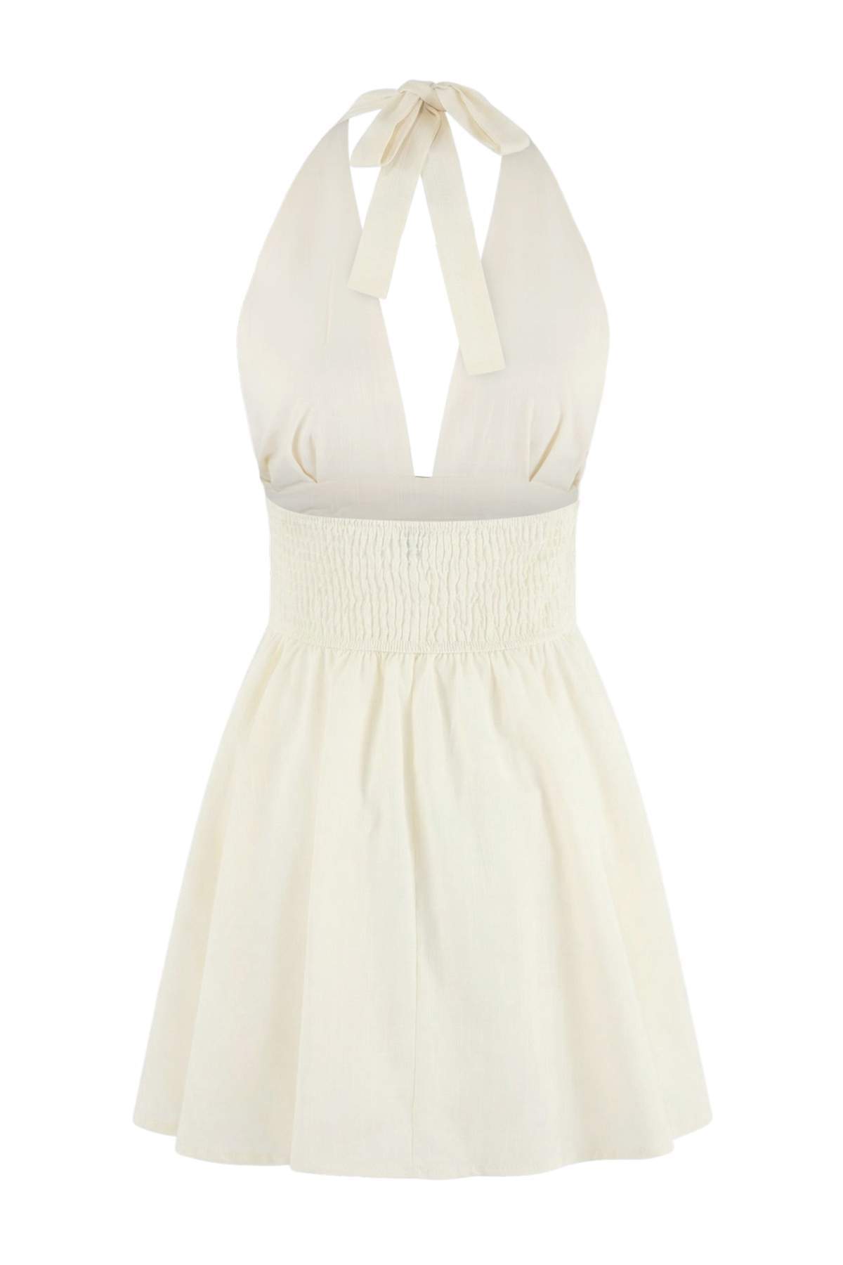 Trendyolmilla  Ekru Dokuma V Yaka Süper Mini Büzgü Detaylı 100% Pamuk Plaj Elbisesi TBESS26EL00030 - Görsel 5