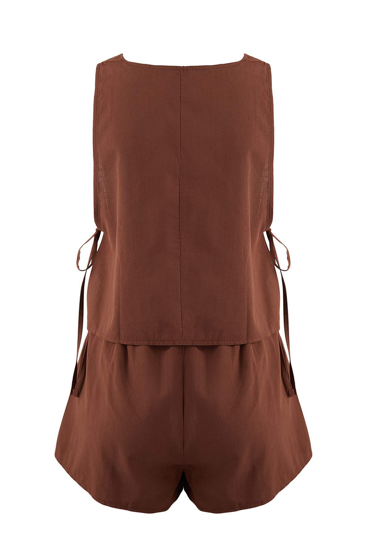 Trendyolmilla  Kahverengi Dokuma Bağlama Detaylı Plaj Mini Yüksek Bel Bluz-Şort Takım TBESS25AU00049 - Görsel 5
