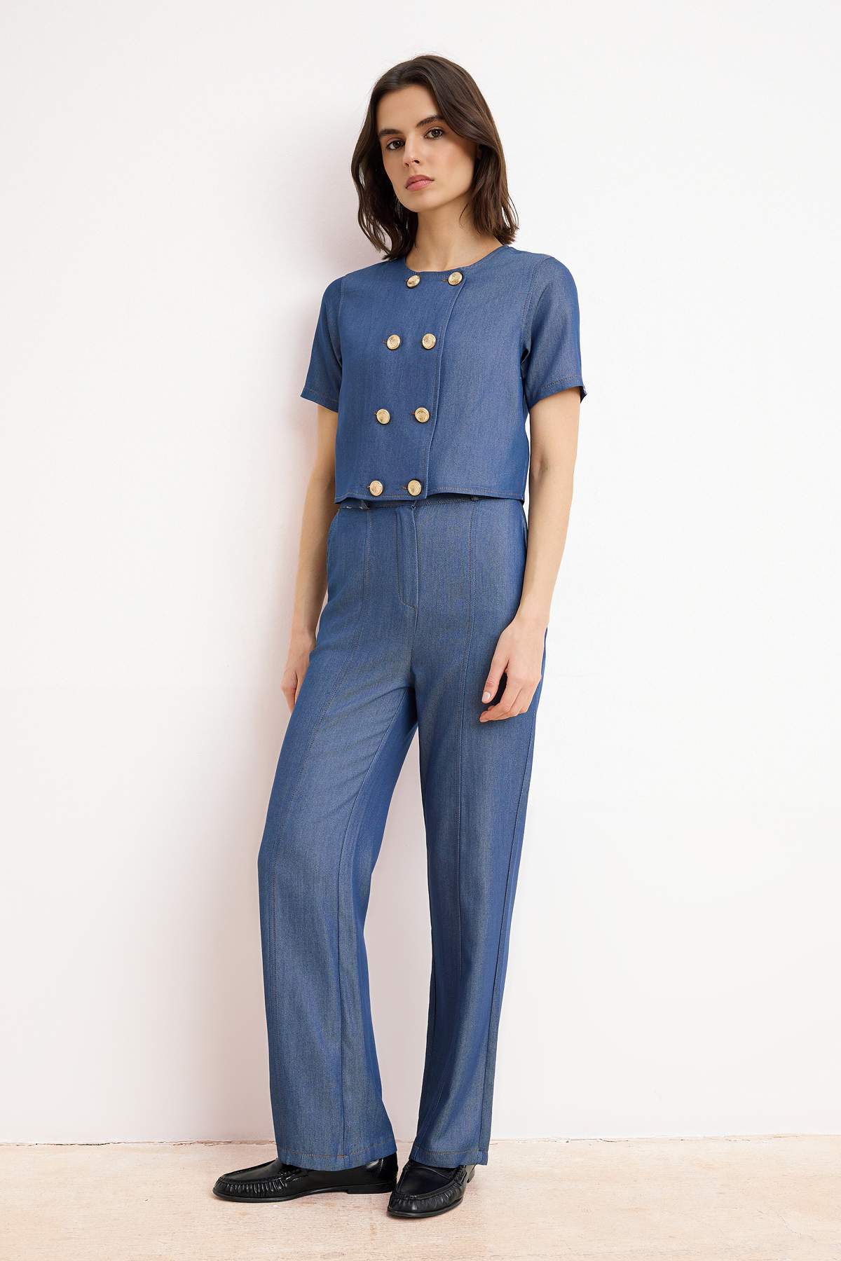 Trendyolmilla  Indigo Gömlek Pantolon Dokuma Alt - Üst Takım TWOSS26AU00055 - Görsel 2