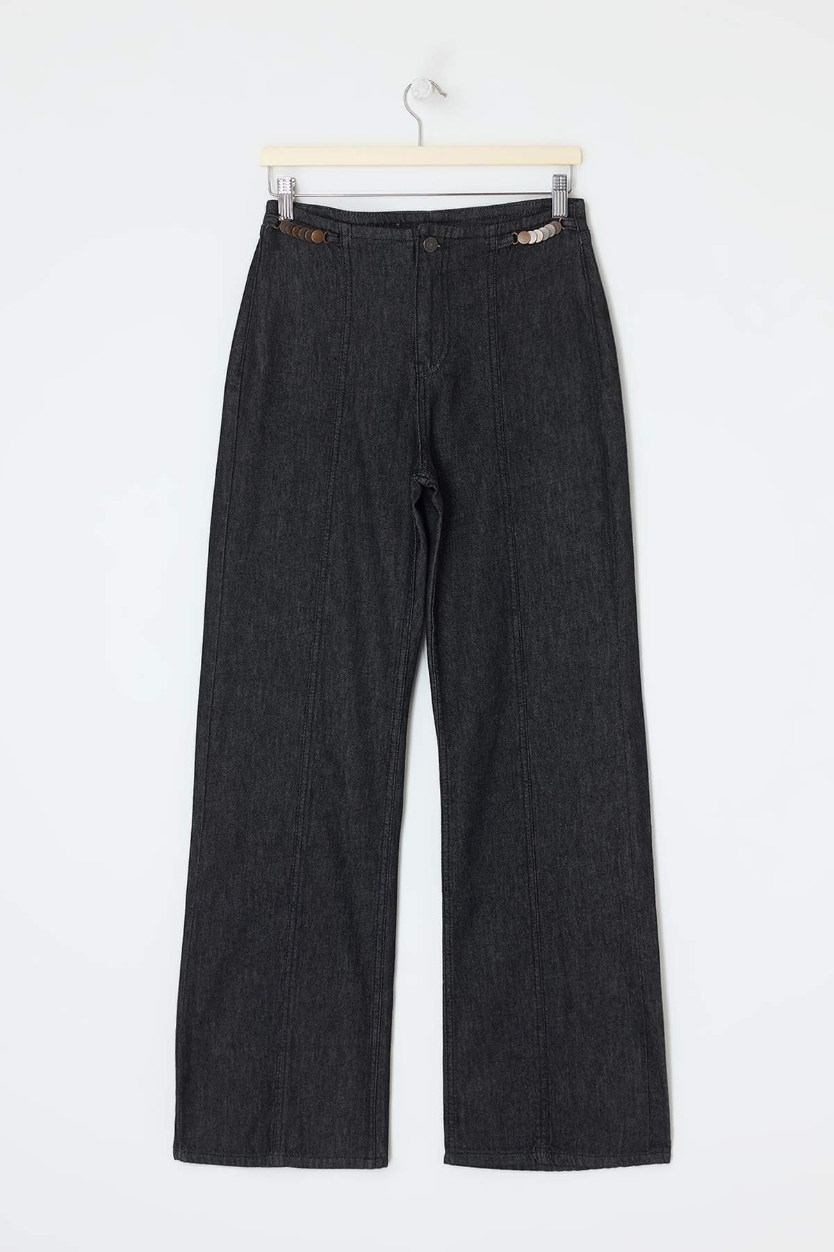 Trendyolmilla  Siyah DÖKÜMLÜ Aksesuar Detaylı Yüksek Bel %100 Pamuk Wide Leg Jeans TWOSS26JE00170 - Görsel 5