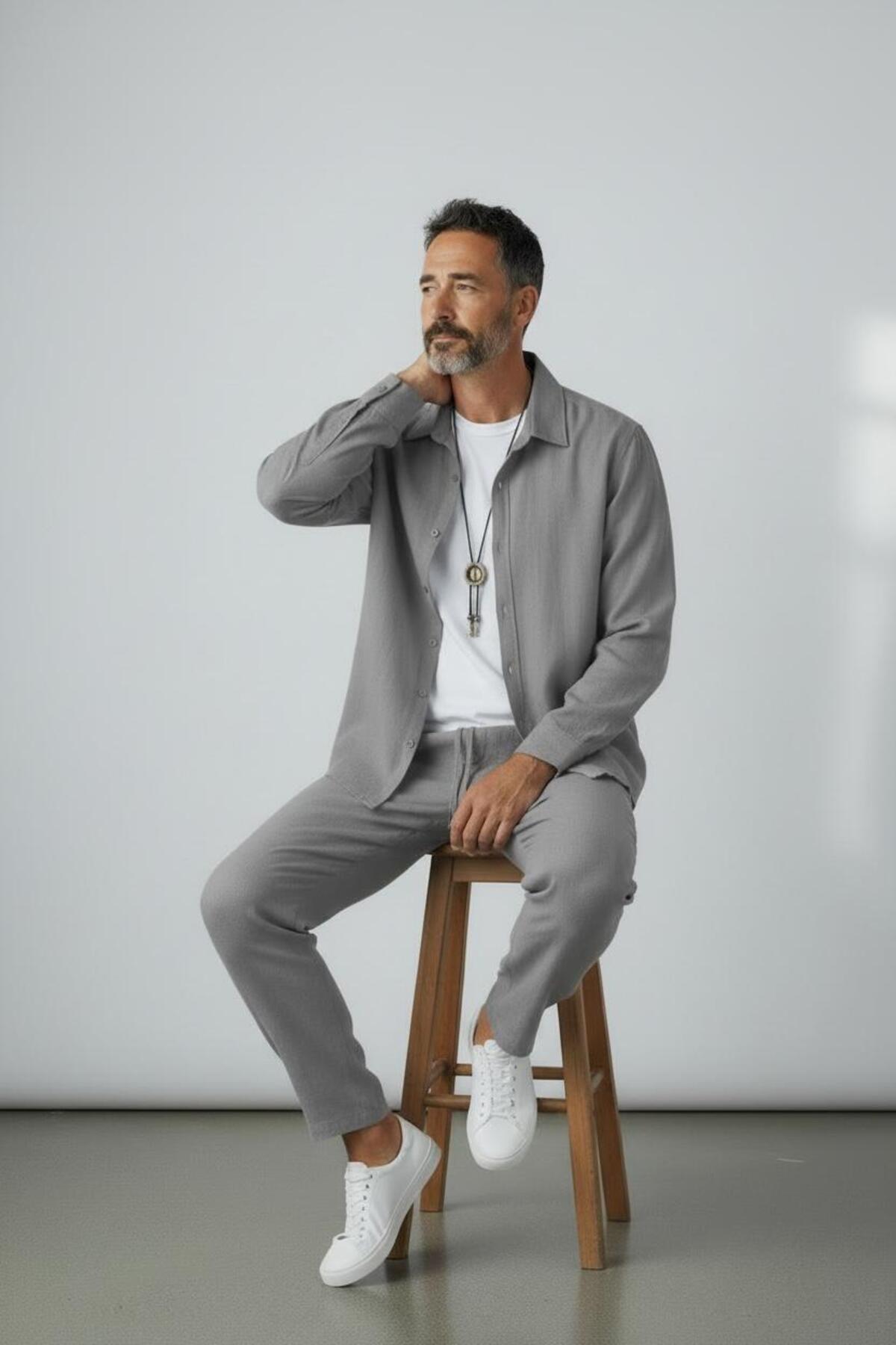 Altamira  Erkek Duman Gri Uzun Kollu Gömlek Pantolon Bürümcük Eşofman Takım - Görsel 2