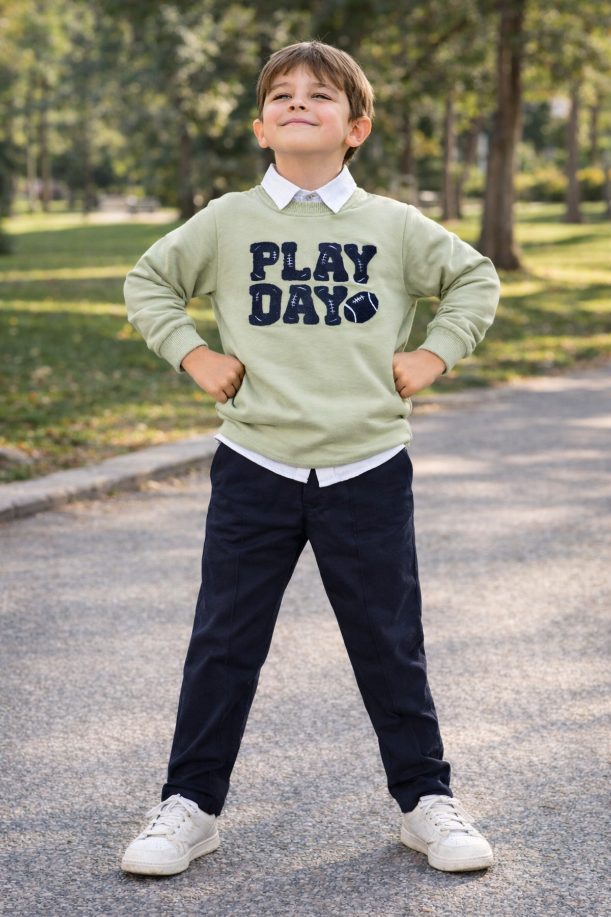 tinytrends Erkek Bebek&Çocuk Play Day Baskılı %100 Pamuk Gömlek Sweatshirt Pantolon 3'lü Takım Elbise Bayramlık fotoğrafı 2 (önizleme)