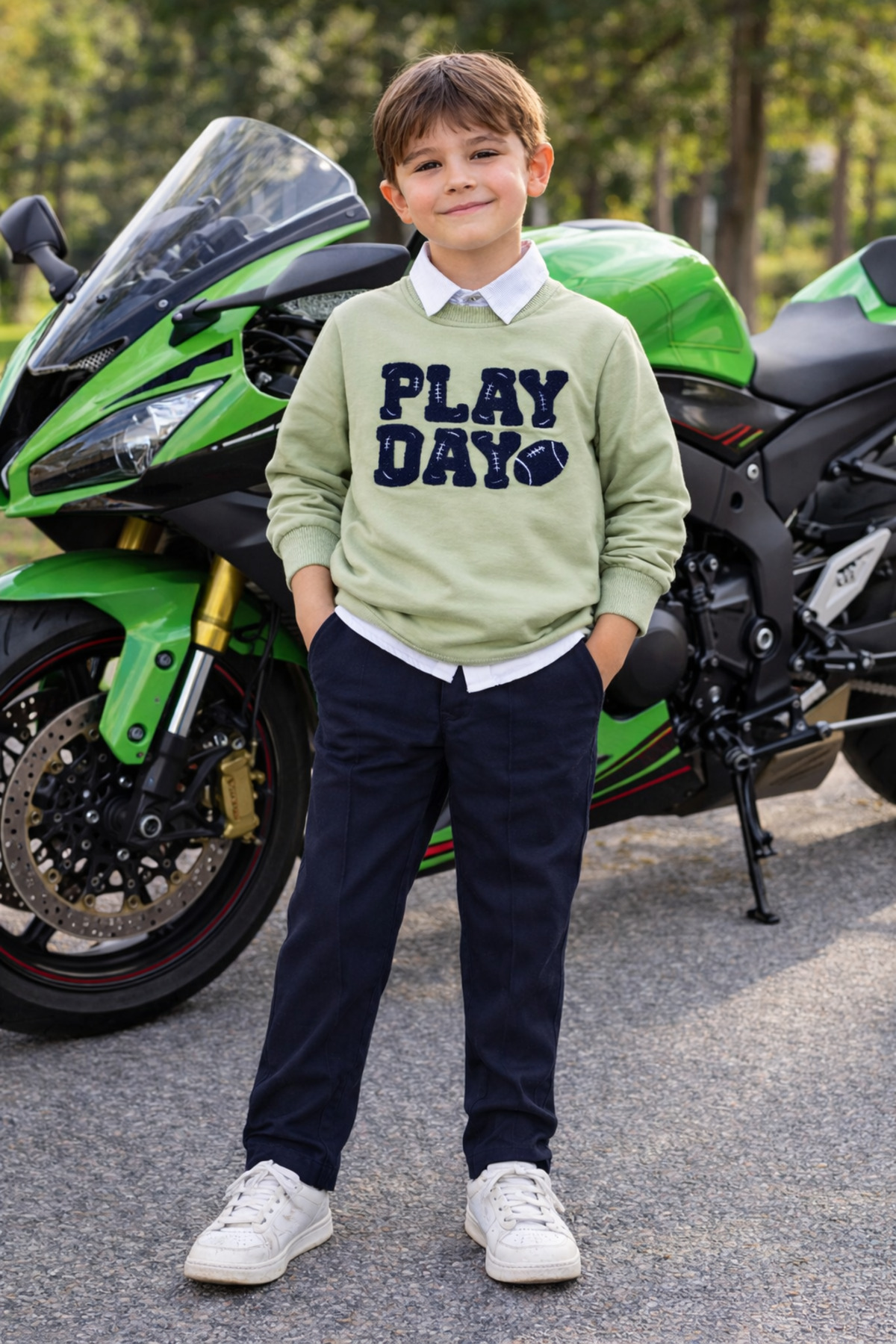 tinytrends Erkek Bebek&Çocuk Play Day Baskılı %100 Pamuk Gömlek Sweatshirt Pantolon 3'lü Takım Elbise Bayramlık fotoğrafı 3 (önizleme)