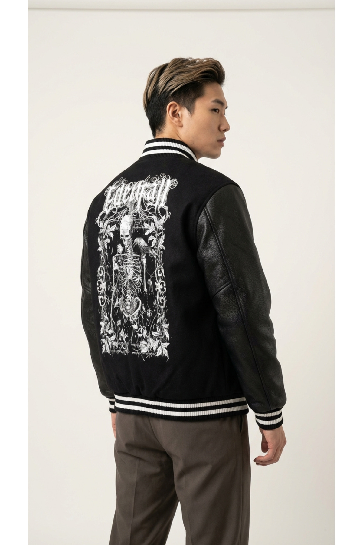 Edizen Kolları Deri Unisex Oversize Edenfall Baskılı Siyah Bomber Kolej Ceketi %100 Pamuk