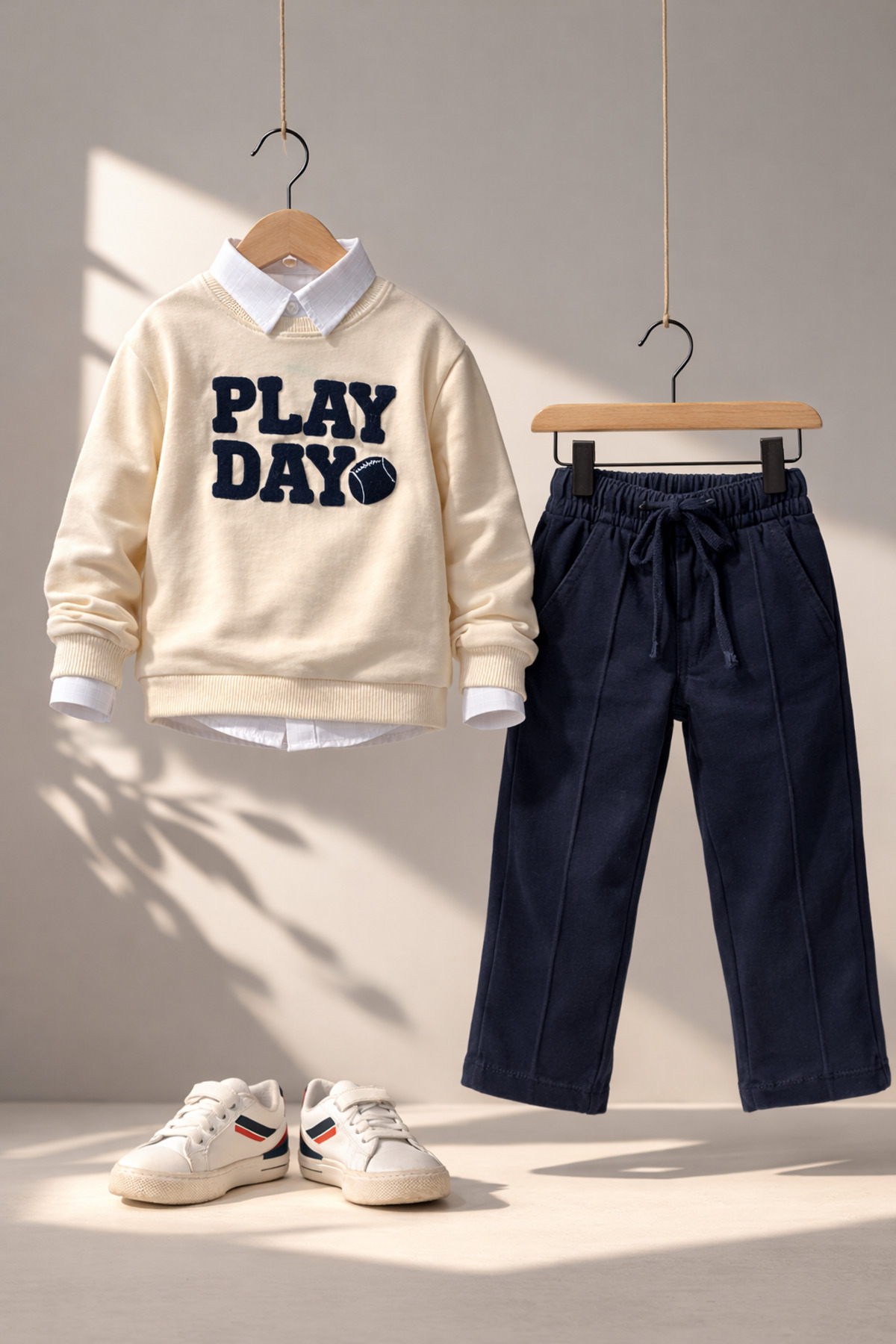tinytrends Erkek Bebek&Çocuk Play Day Baskılı %100 Pamuk Gömlek Sweatshirt Pantolon 3'lü Takım Elbise Bayramlık fotoğrafı 5 (önizleme)
