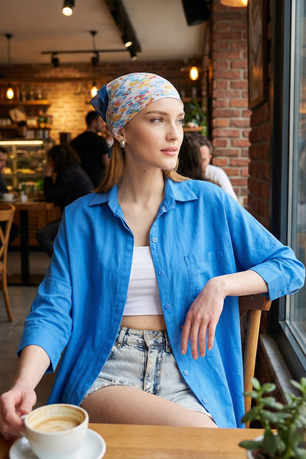 Women's Aviator Shabby Linen Shirt with Blue Pockets ARM-21Y001035