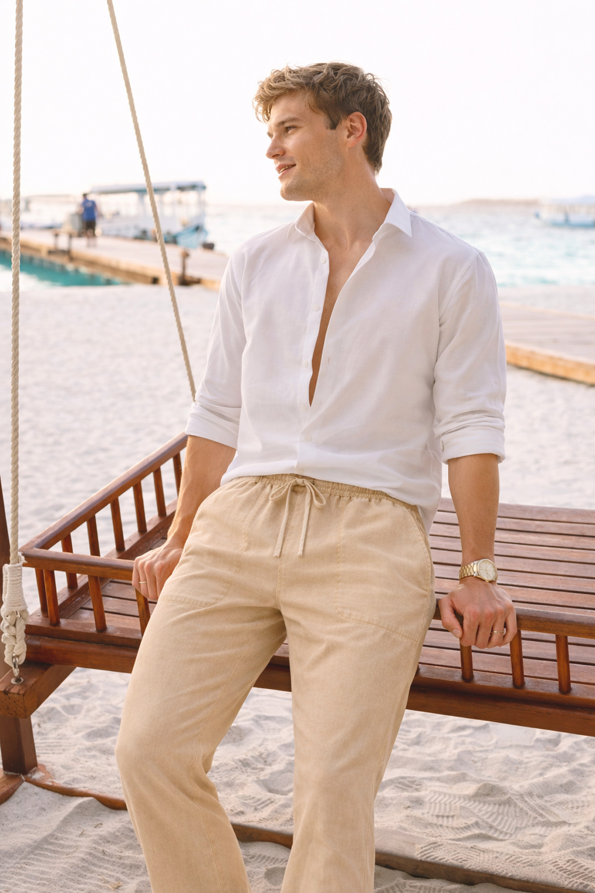 Men's Cream Linen Blend Relaxed Fit Pants Comfortable Cut