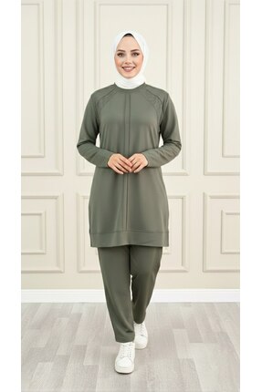 Alya NAGİHAN TAKIM Haki Kristal Kumaş Taş Detaylı Tunik Pantolon 2'li Takım