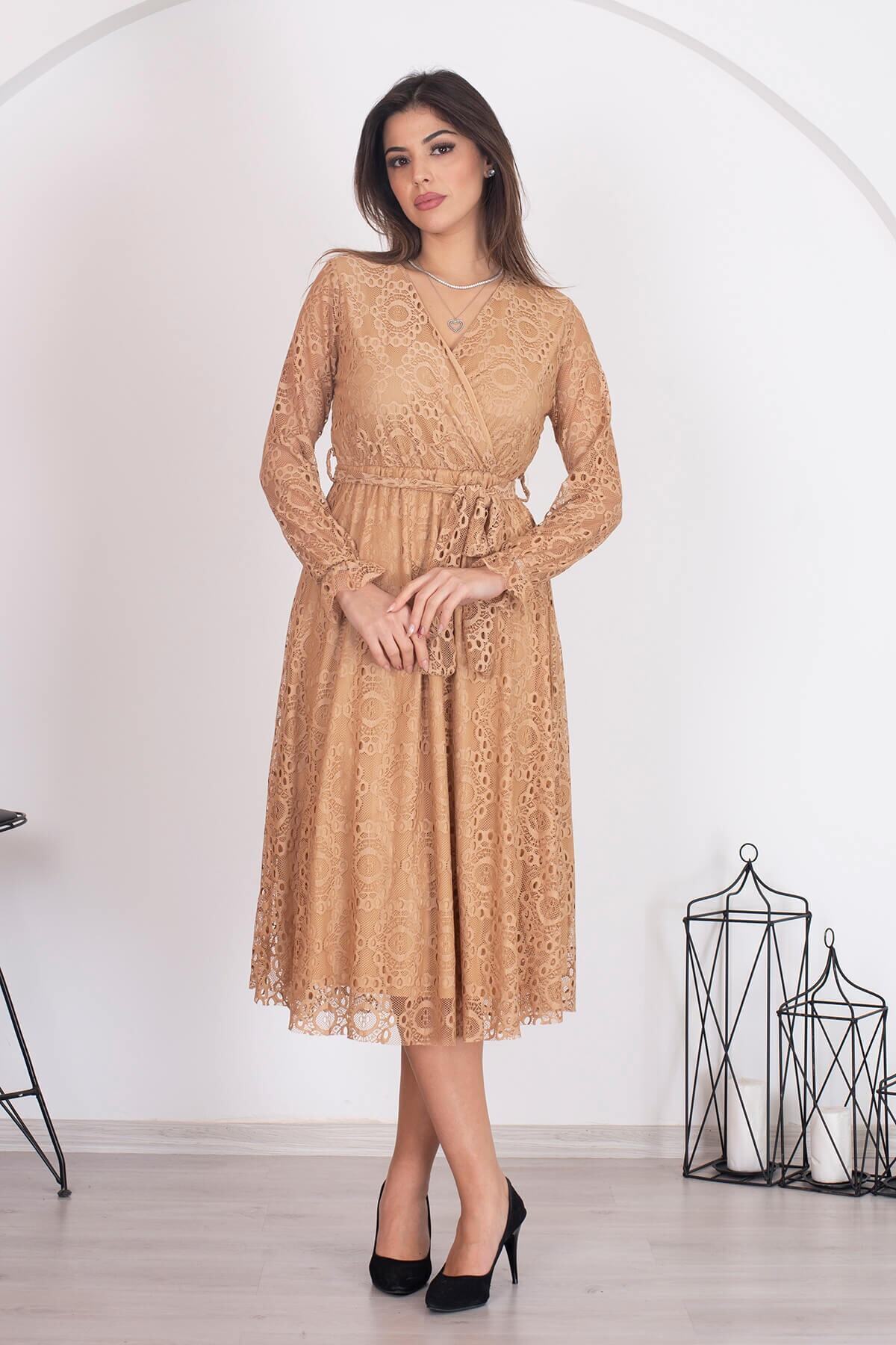 Women's Camel Belted Double Breasted Collar Lined Lace Dress Rssn31