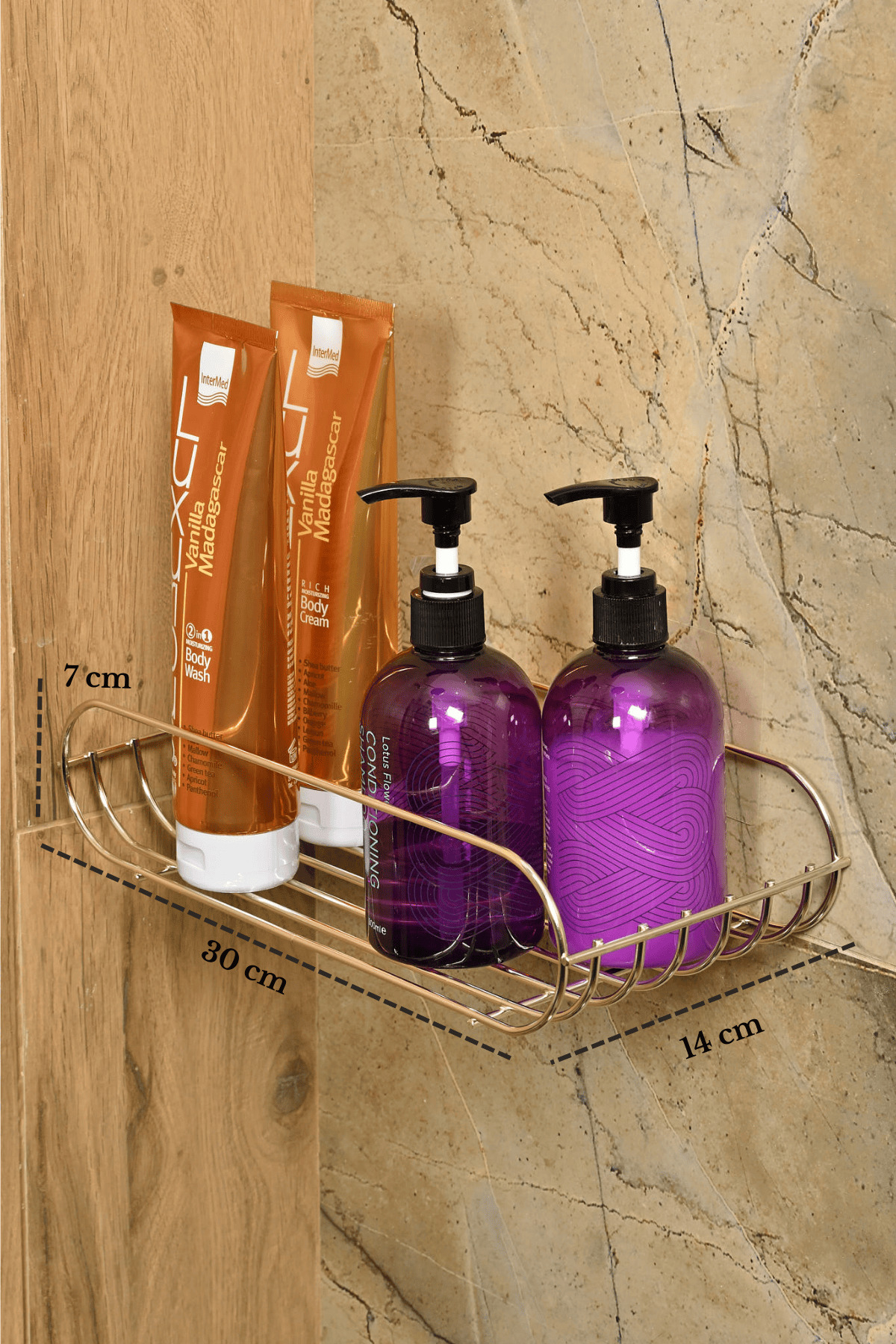 Parlak Altın Oval Sabunluk Şampuanlık Banyo Rafı Paslanmaz Metal