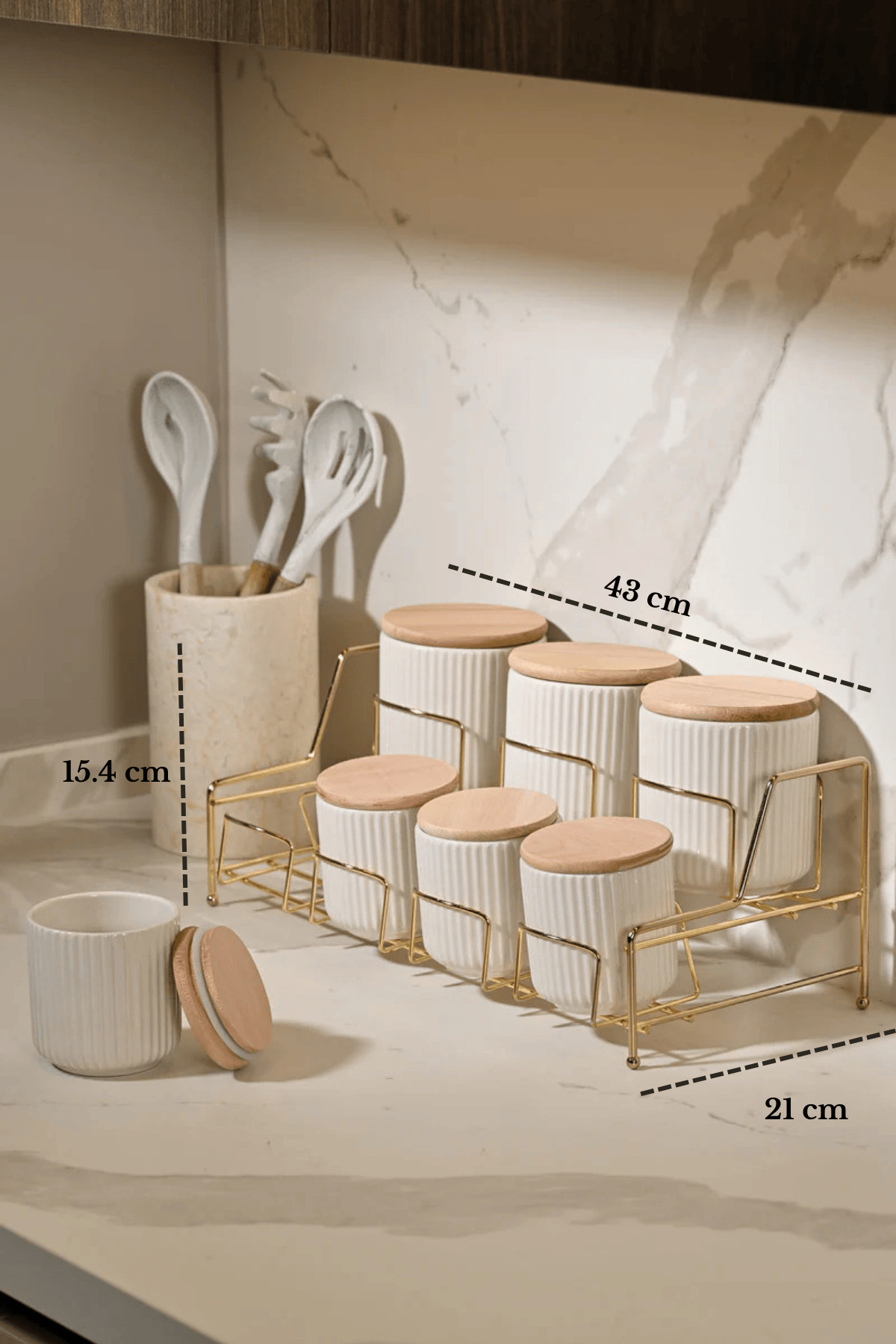 Parlak Altın Standlı 7 Bölmeli Porselen Baharatlık Takımı Bambu Kapaklı Mutfak Organizer