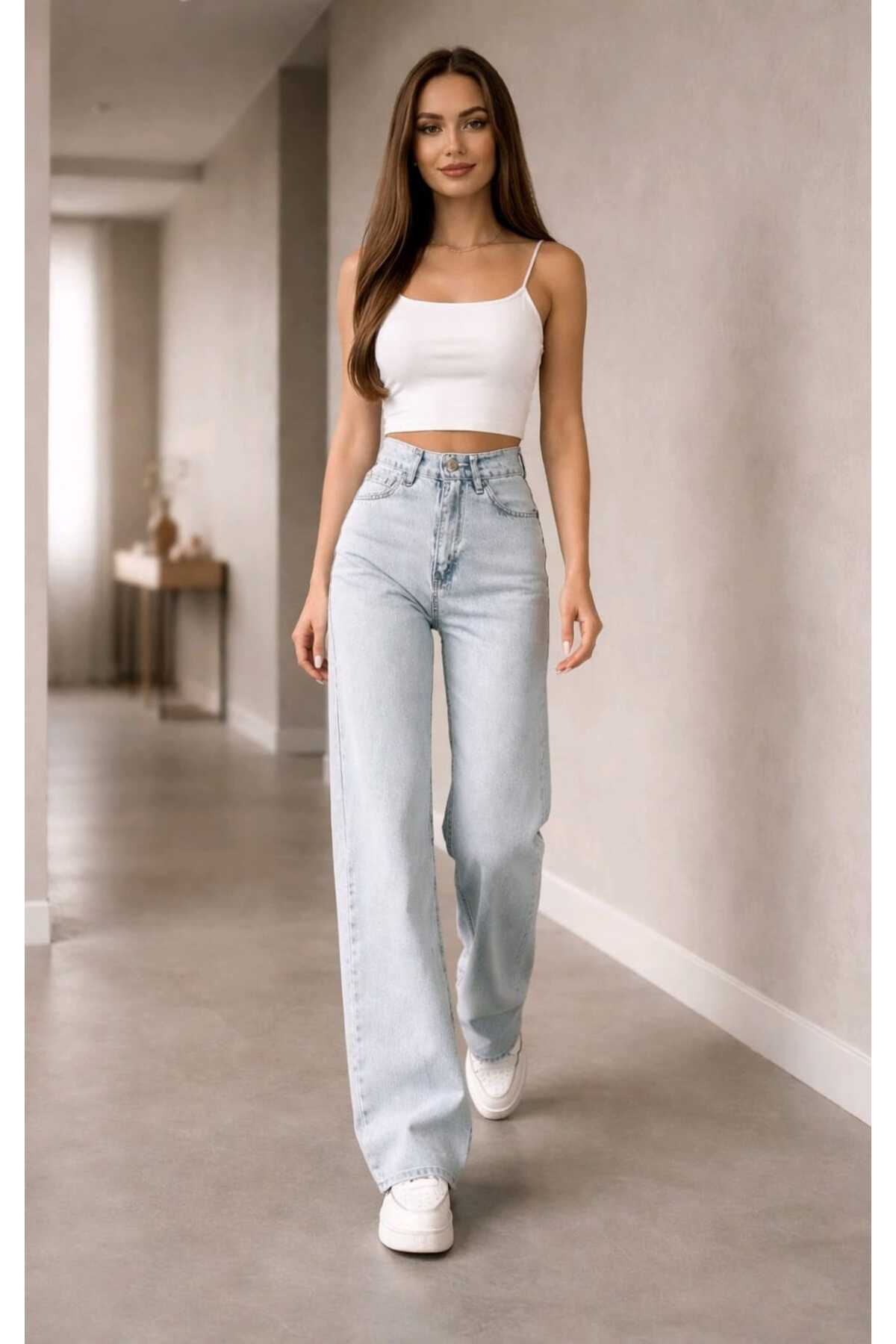 Ramrod  Angel Buz Mavi Kar Yıkama Power Likralı Süper Yüksek Bel Salaş Jeans Palazzo Pantolon - Görsel 5