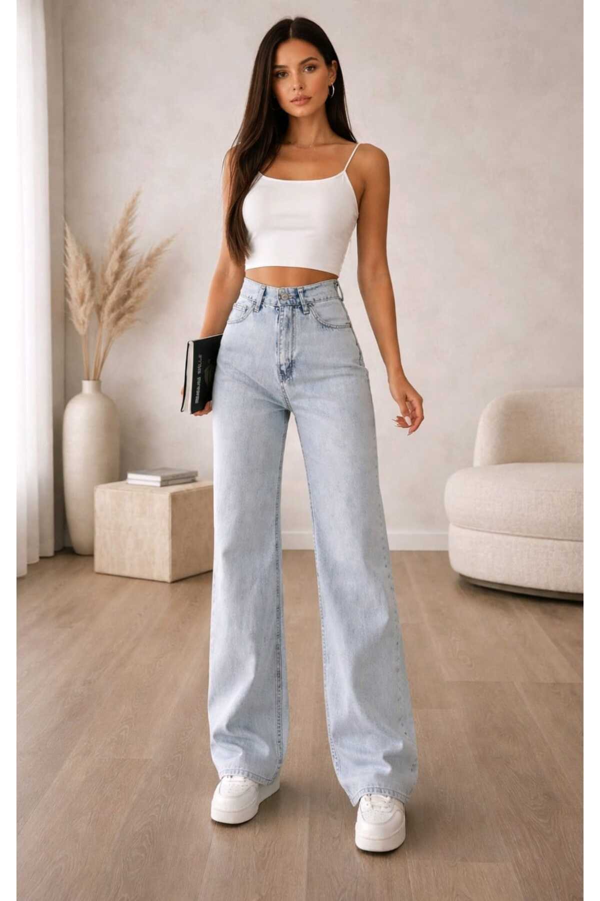 Ramrod  Angel Buz Mavi Kar Yıkama Power Likralı Süper Yüksek Bel Salaş Jeans Palazzo Pantolon