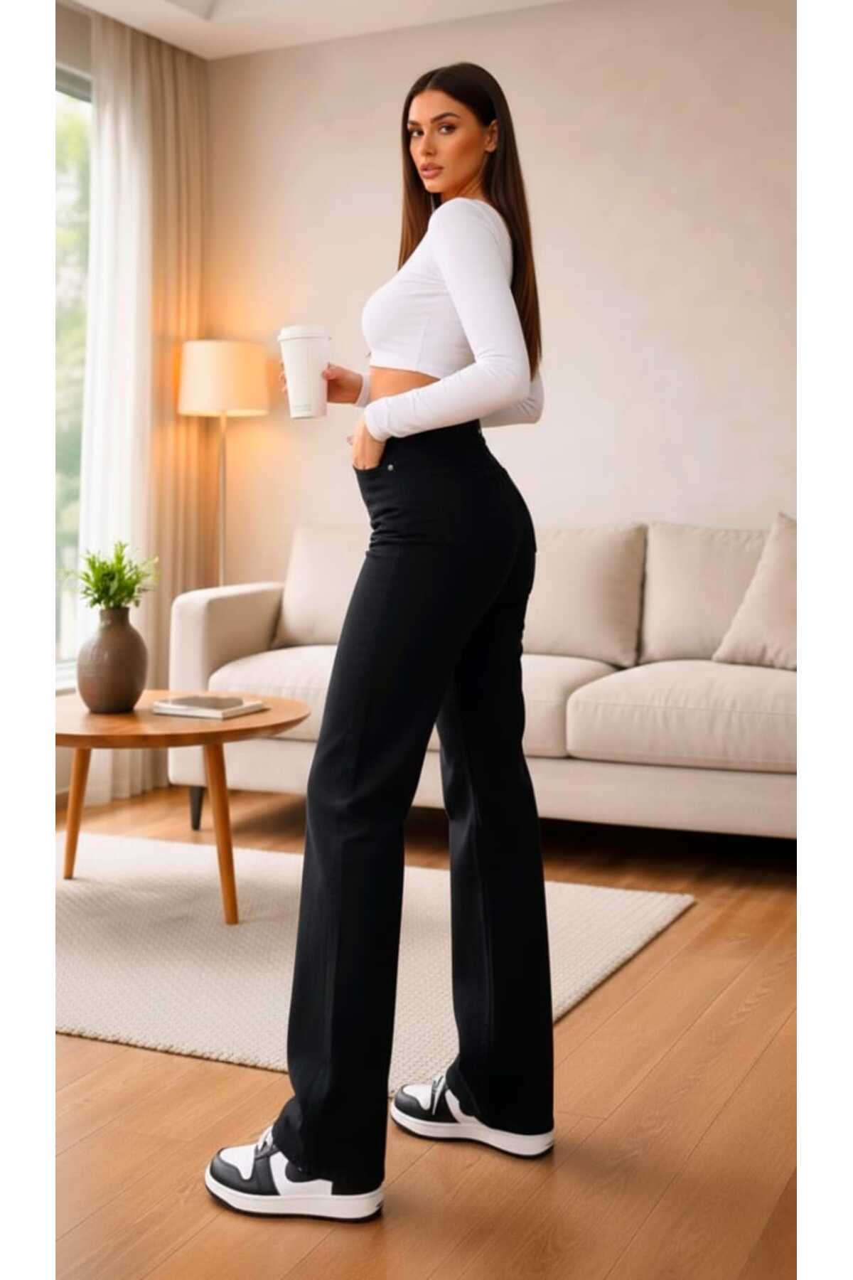 Ramrod Liza Siyah Likralı Süper Yüksek Bel Salaş Jeans Palazzo Pantolon. (SÜPER YÜKSEK) Wide Leg görsel 3