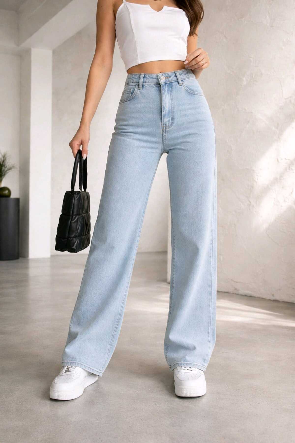 Ramrod My End 90's Kar Yıkama Mavi Likralı Süper Yüksek Bel Salaş Jeans Palazzo Pantolon görsel 4