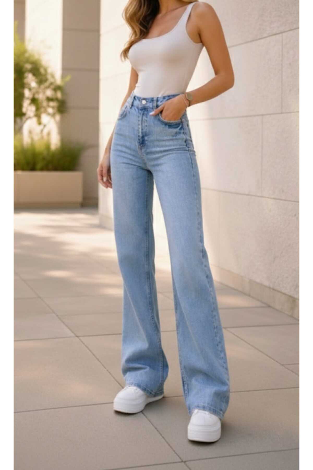 Ramrod  Clara 90's Kar Yıkama Mavi Likralı Süper Yüksek Bel Salaş Jeans Palazzo Pantolon - Görsel 5