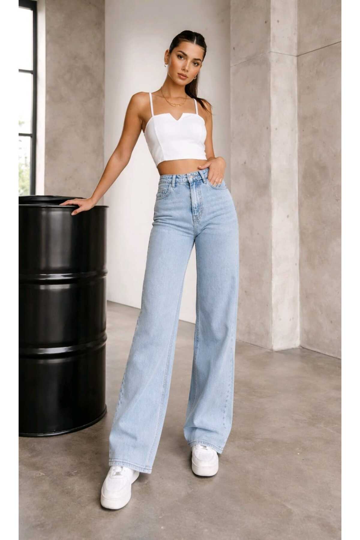 Ramrod My End 90's Kar Yıkama Mavi Likralı Süper Yüksek Bel Salaş Jeans Palazzo Pantolon