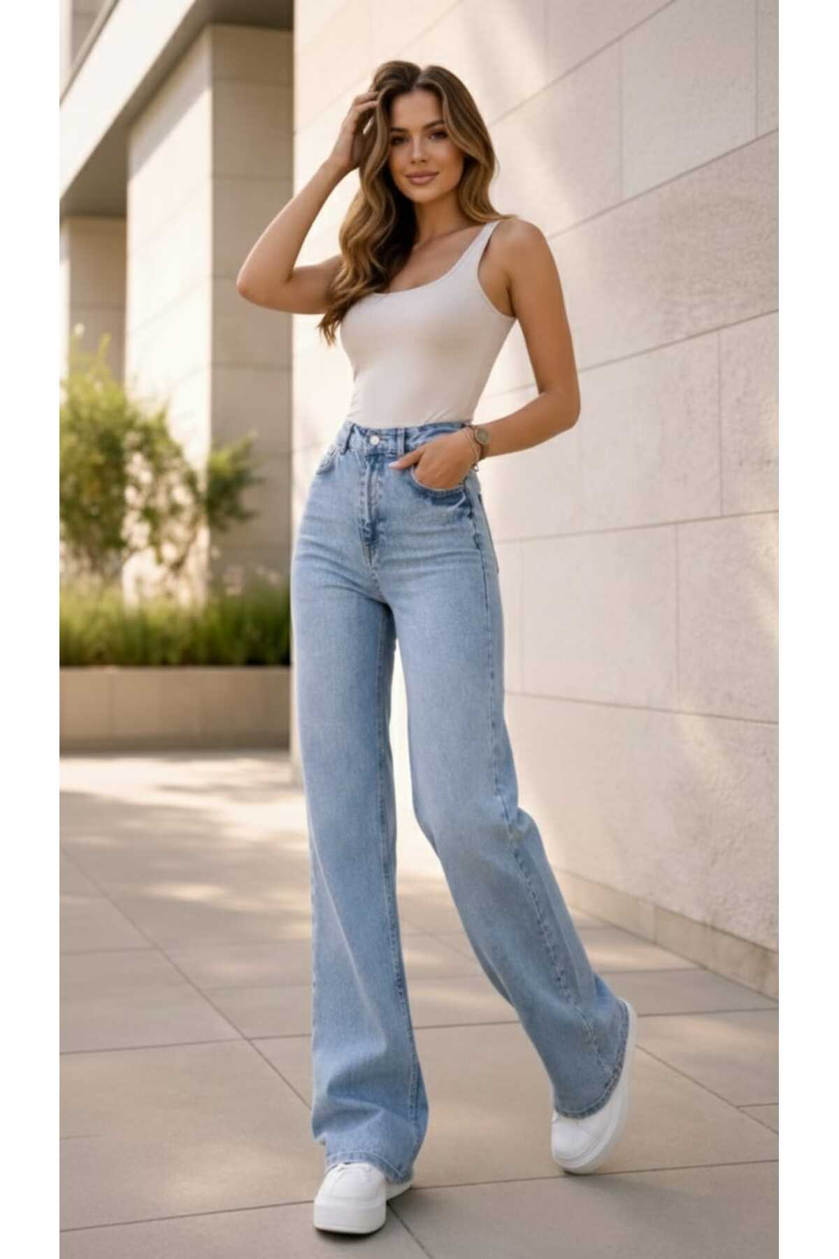 Ramrod  Clara 90's Kar Yıkama Mavi Likralı Süper Yüksek Bel Salaş Jeans Palazzo Pantolon - Görsel 3