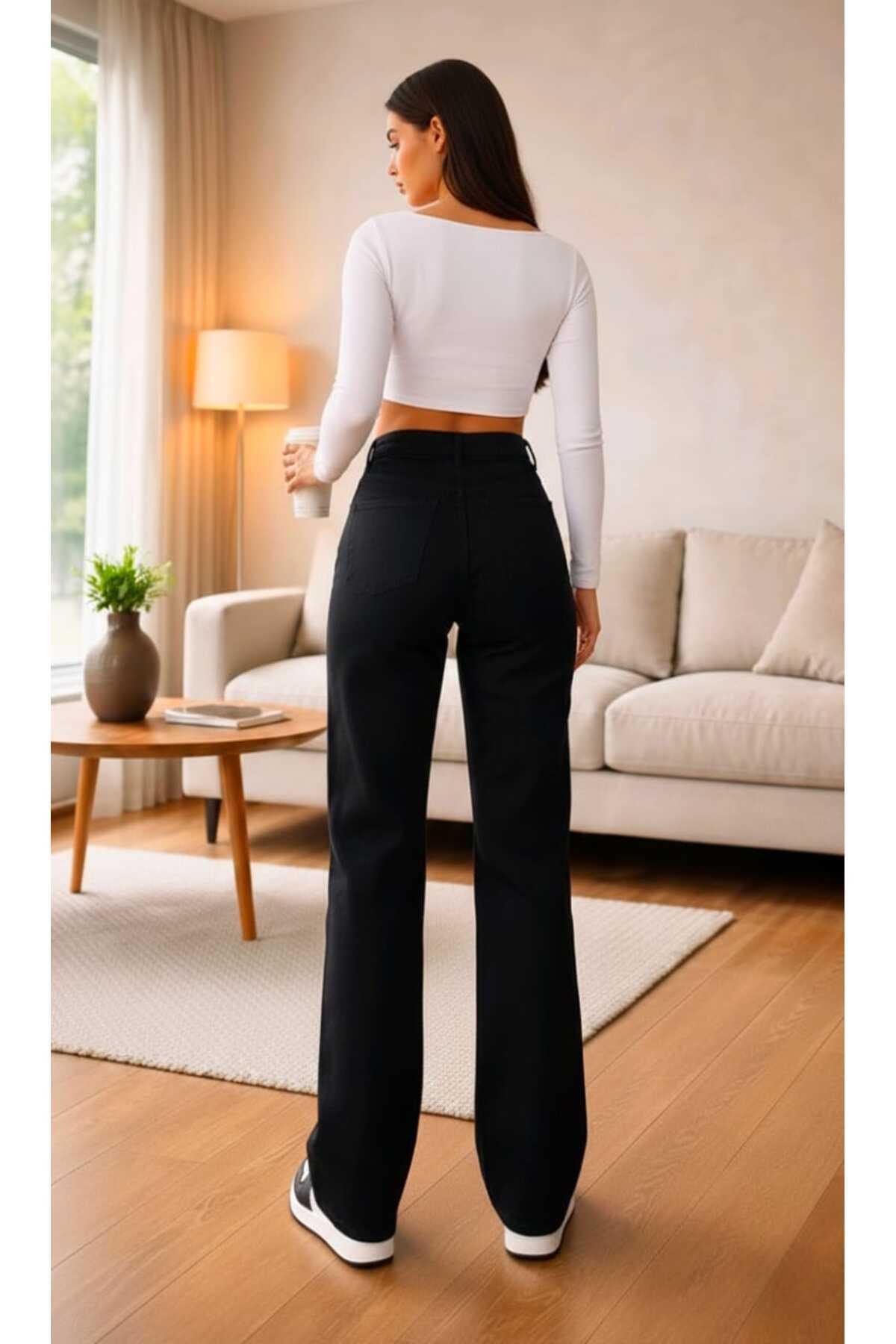 Ramrod Liza Siyah Likralı Süper Yüksek Bel Salaş Jeans Palazzo Pantolon. (SÜPER YÜKSEK) Wide Leg görsel 5