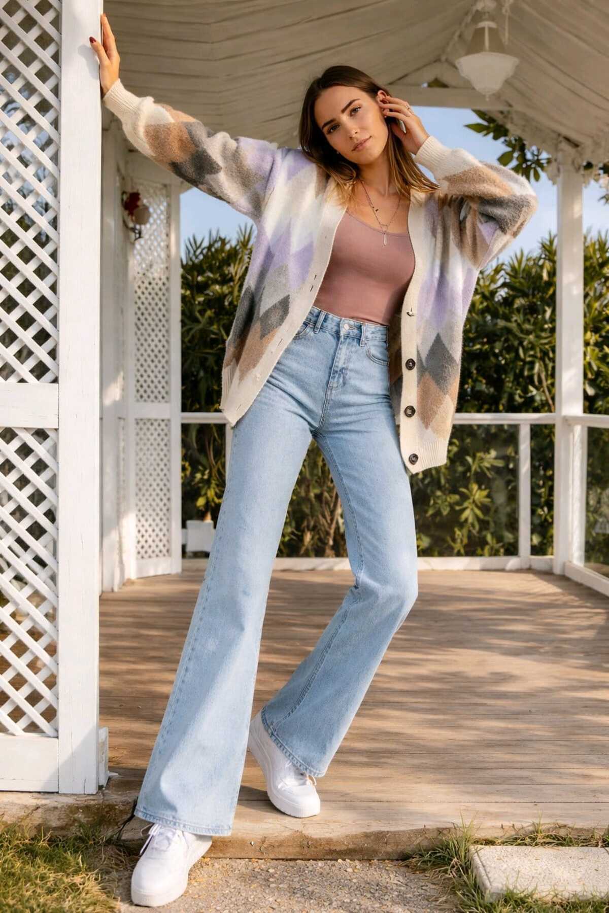 Ramrod  Ela 90's Mavi Kar Yıkama Likralı Süper Yüksek Bel Salaş Paça Jeans Palazzo Pantolon