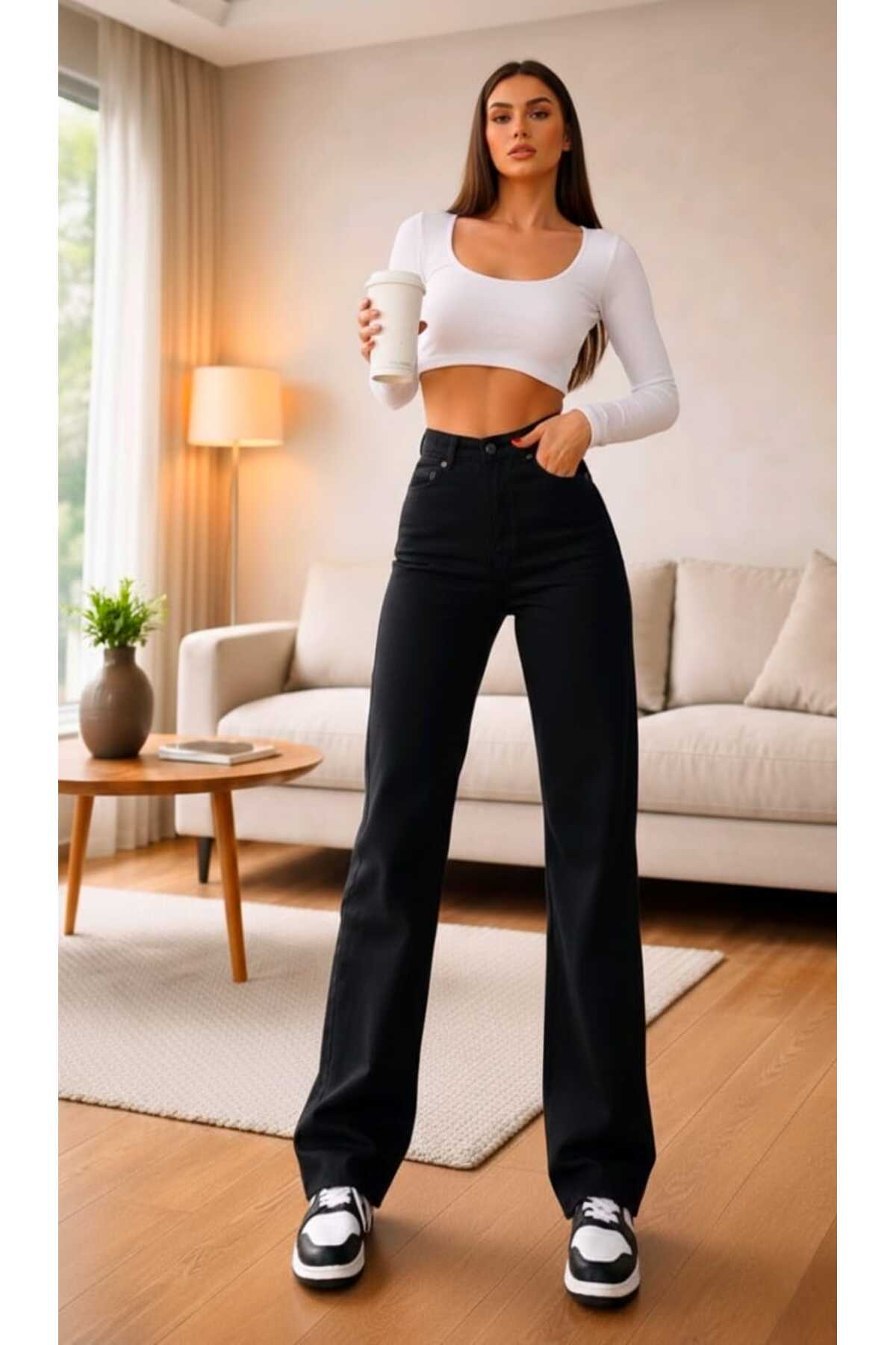 Ramrod Liza Siyah Likralı Süper Yüksek Bel Salaş Jeans Palazzo Pantolon. (SÜPER YÜKSEK) Wide Leg